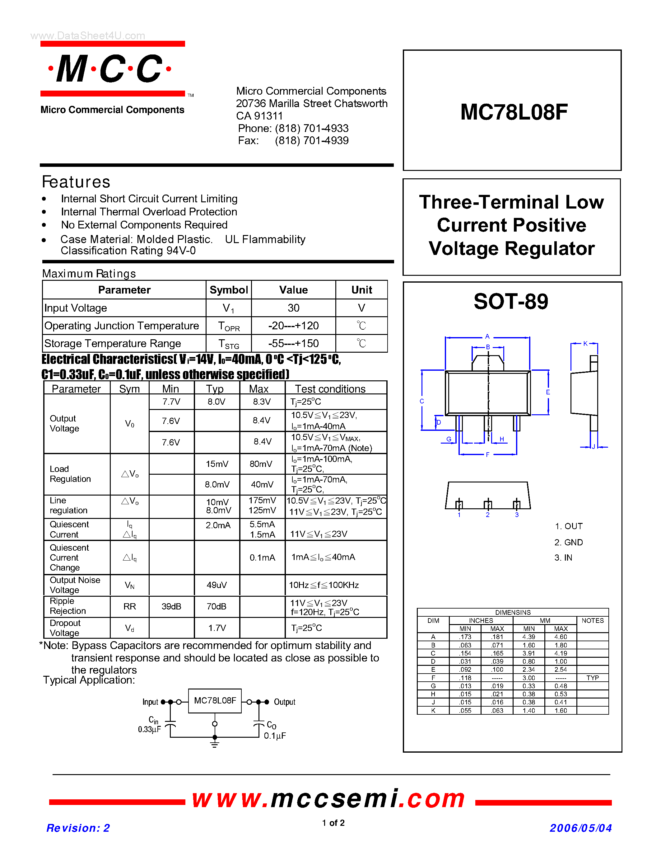 Datasheet MC78L08F - Three-Terminal Low Current Positive Voltage Regulator page 1