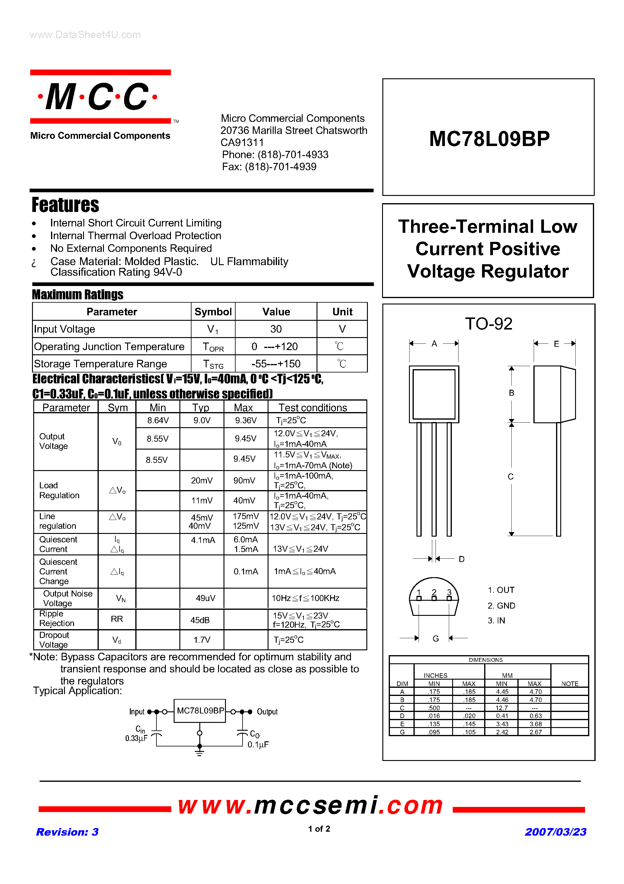 Datasheet MC78L09BP - Three-Terminal Low Current Positive Voltage Regulator page 1