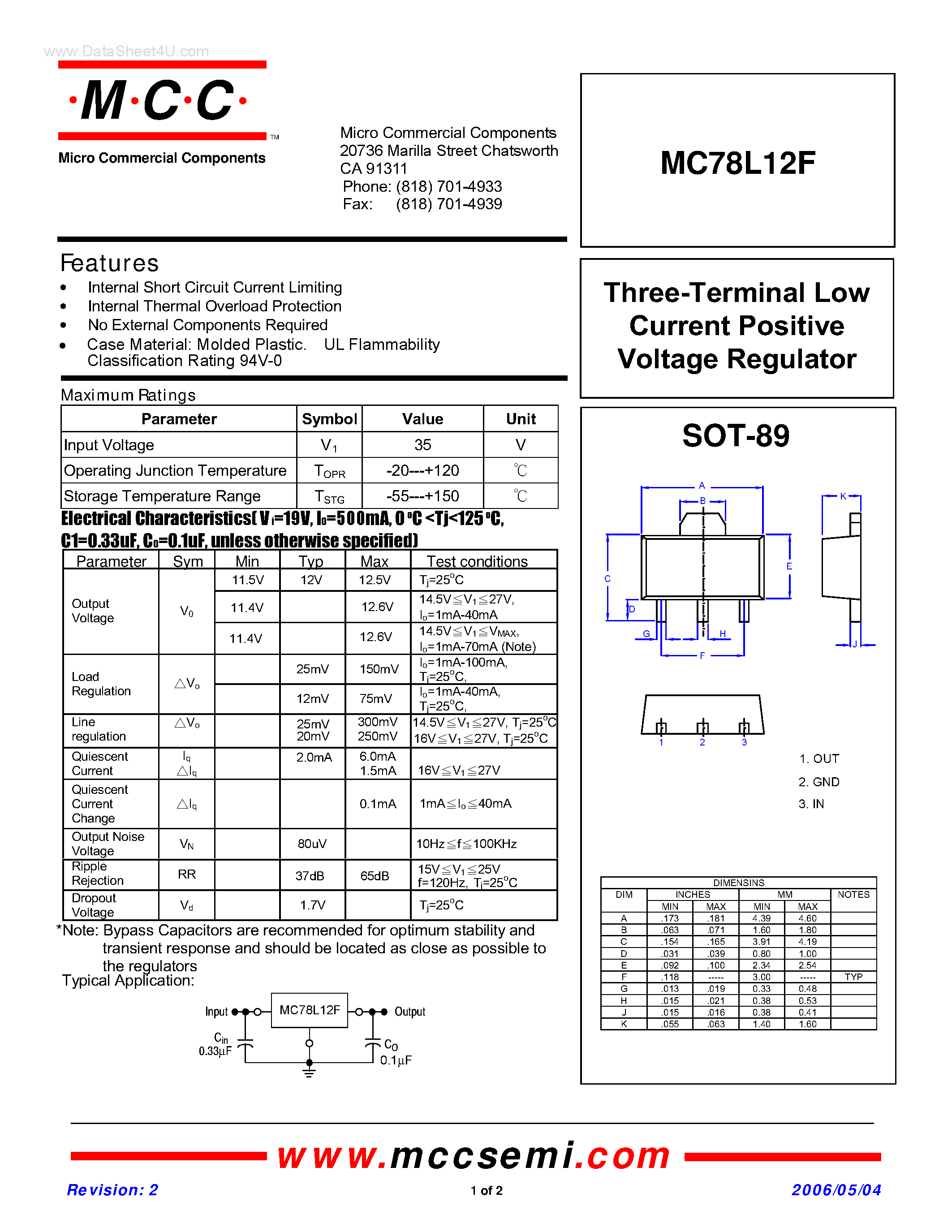 Datasheet MC78L12F - Three-Terminal Low Current Positive Voltage Regulator page 1