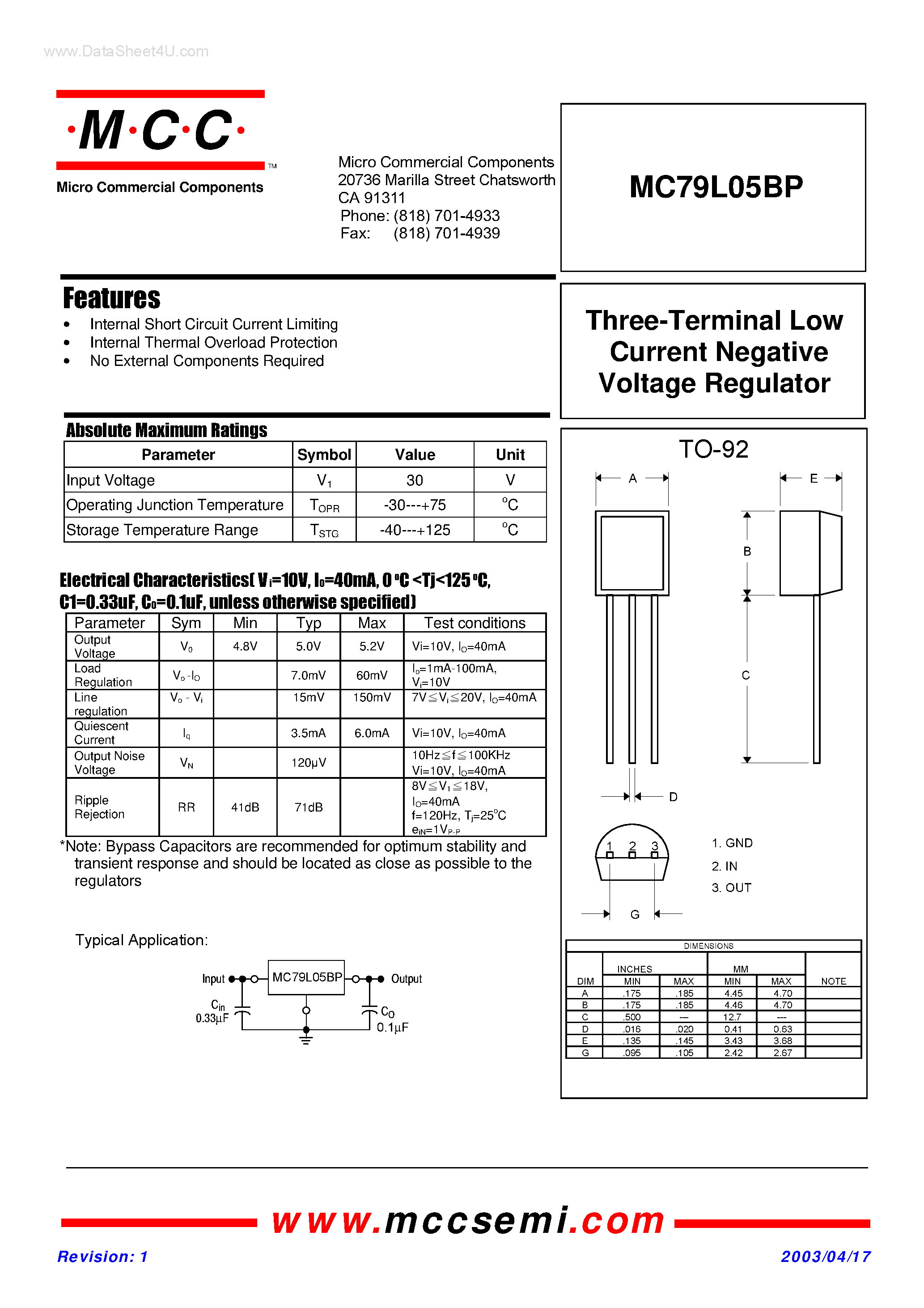 Datasheet MC79L05BP - Three-Terminal Low Current Positive Voltage Regulator page 1