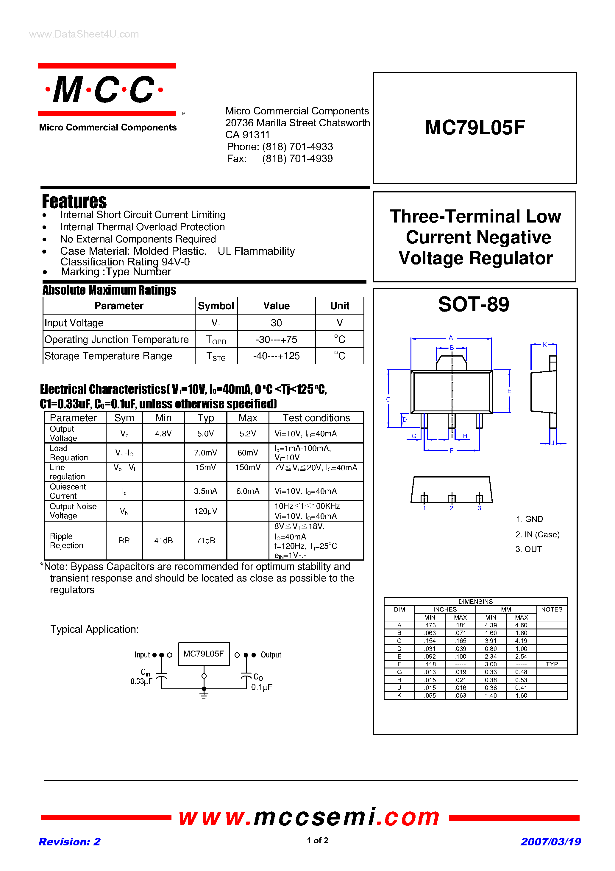 Даташит MC79L05F - Three-Terminal Low Current Positive Voltage Regulator страница 1