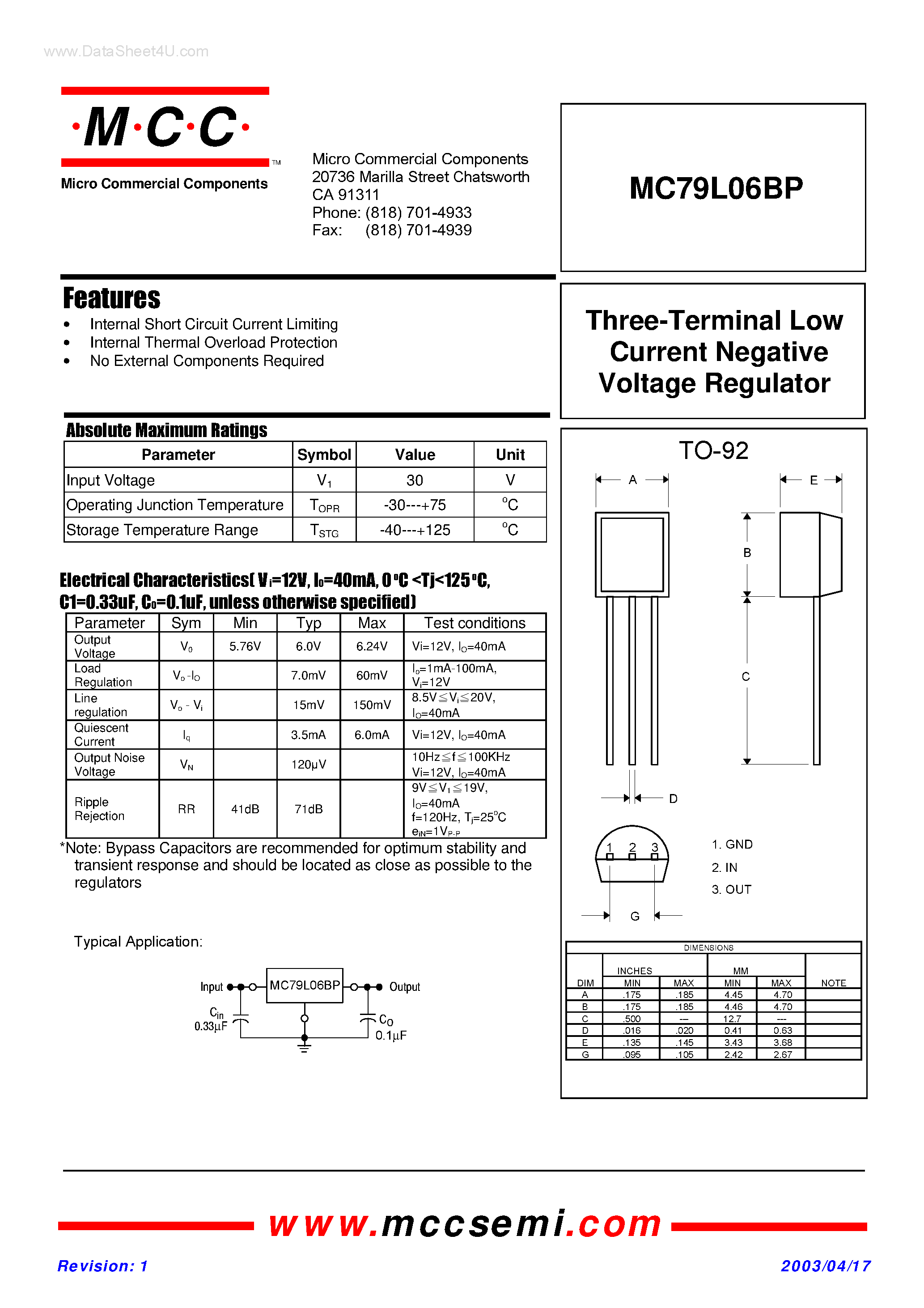 Datasheet MC79L06BP - Three-Terminal Low Current Positive Voltage Regulator page 1