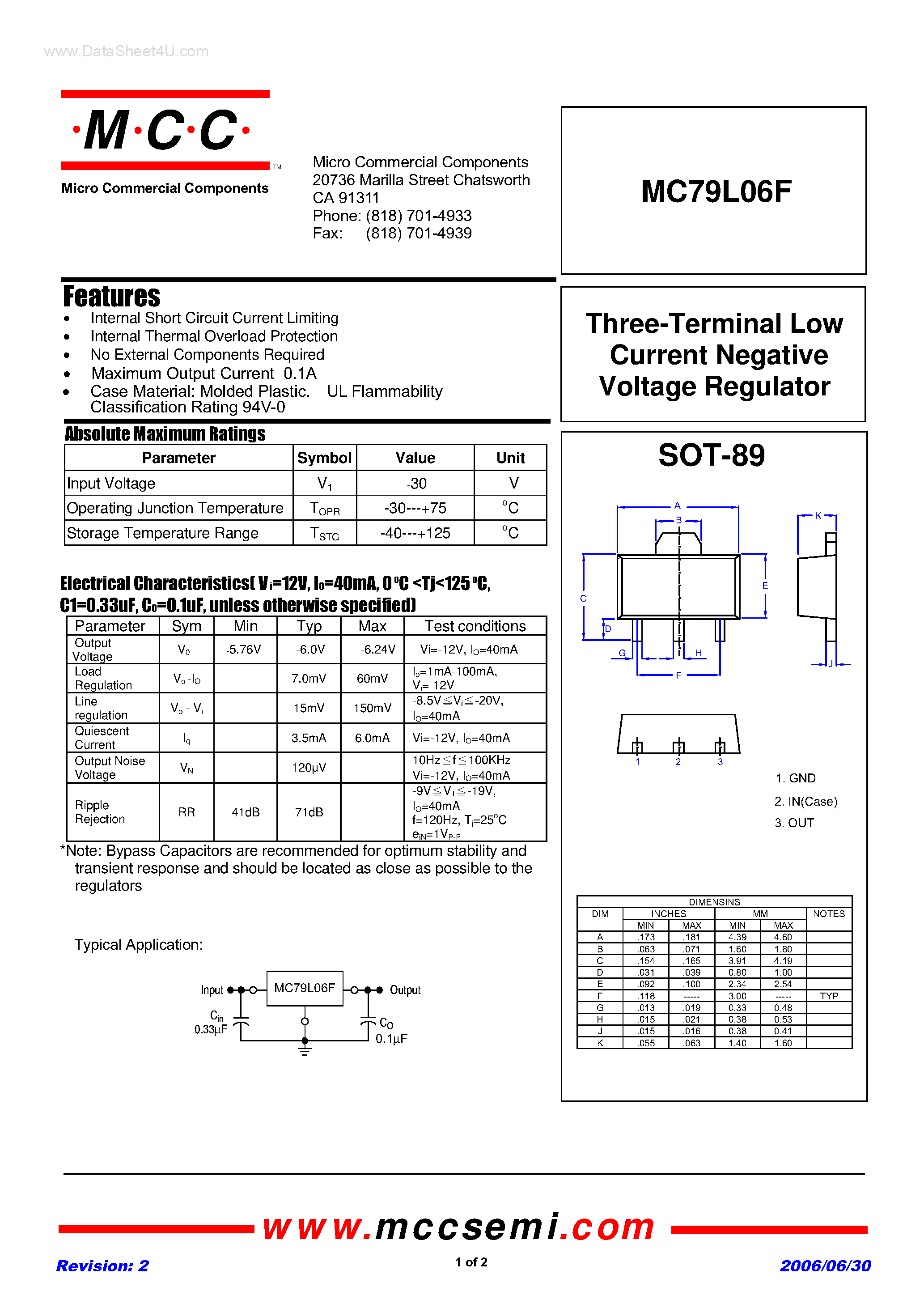 Даташит MC79L06F - Three-Terminal Low Current Positive Voltage Regulator страница 1