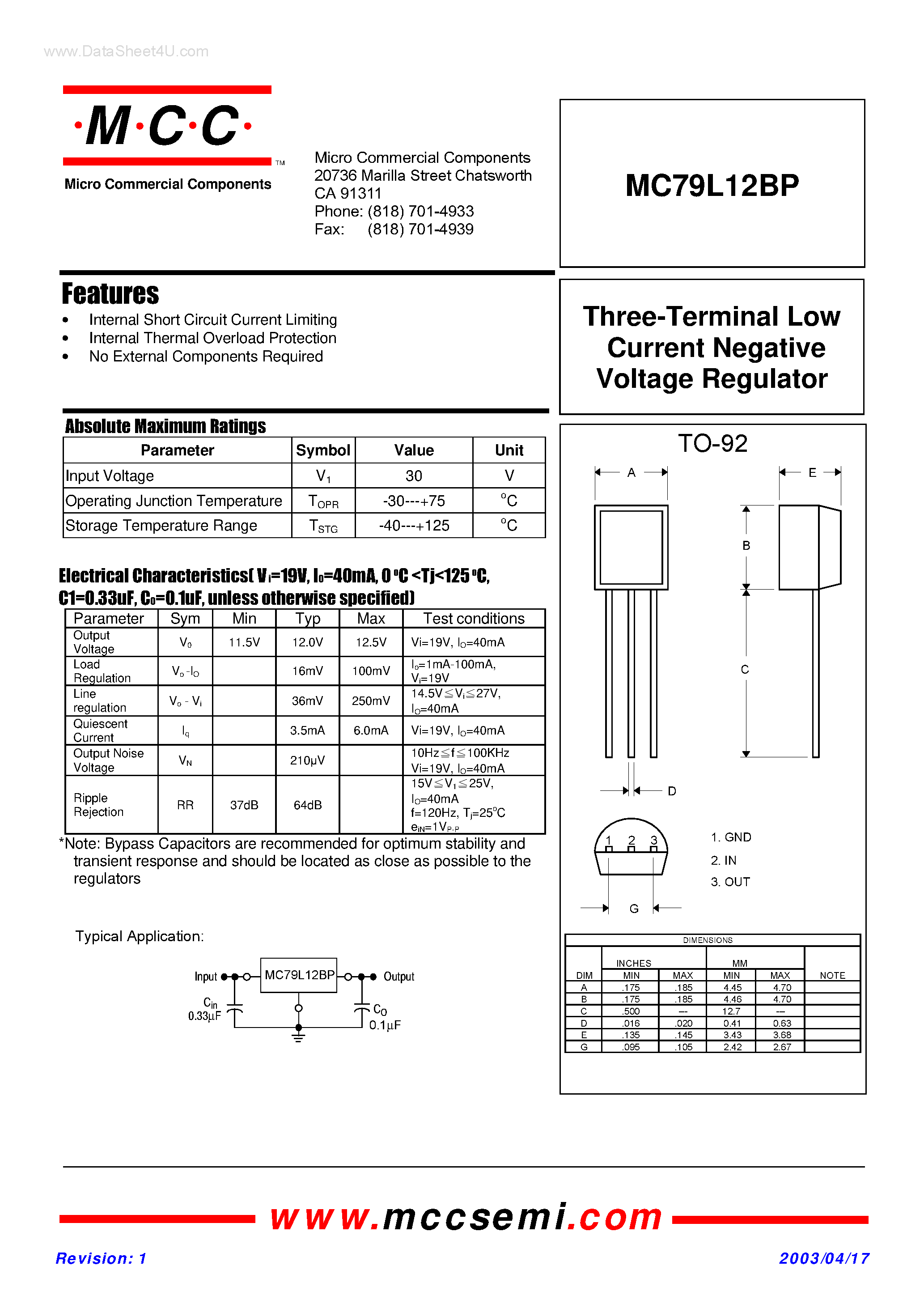 Даташит MC79L12BP - Three-Terminal Low Current Positive Voltage Regulator страница 1