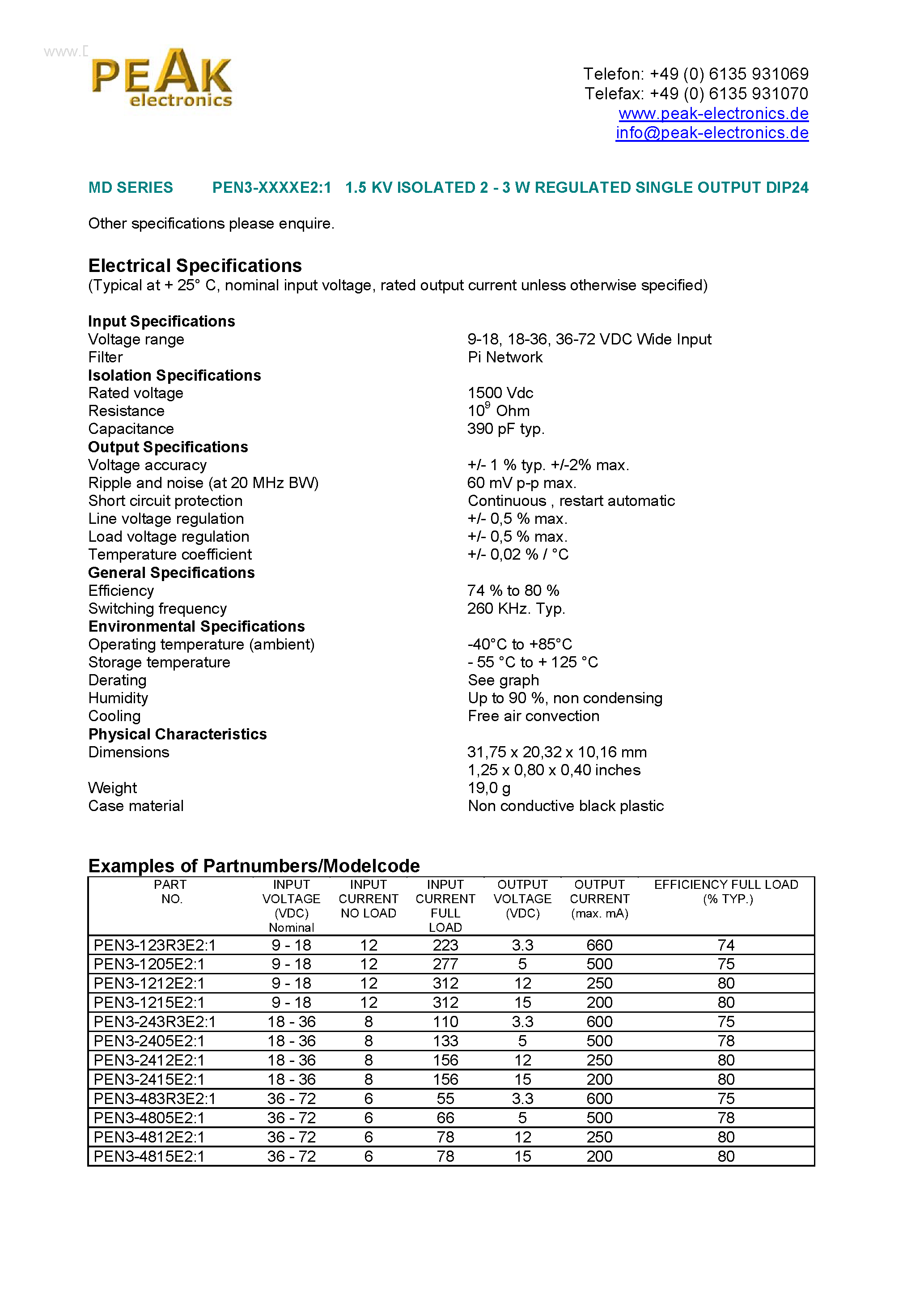 Даташит PEN3-xxxxE2:1 - 1.5 KV ISOLATED 2 - 3 W REGULATED SINGLE OUTPUT DIP24 страница 1