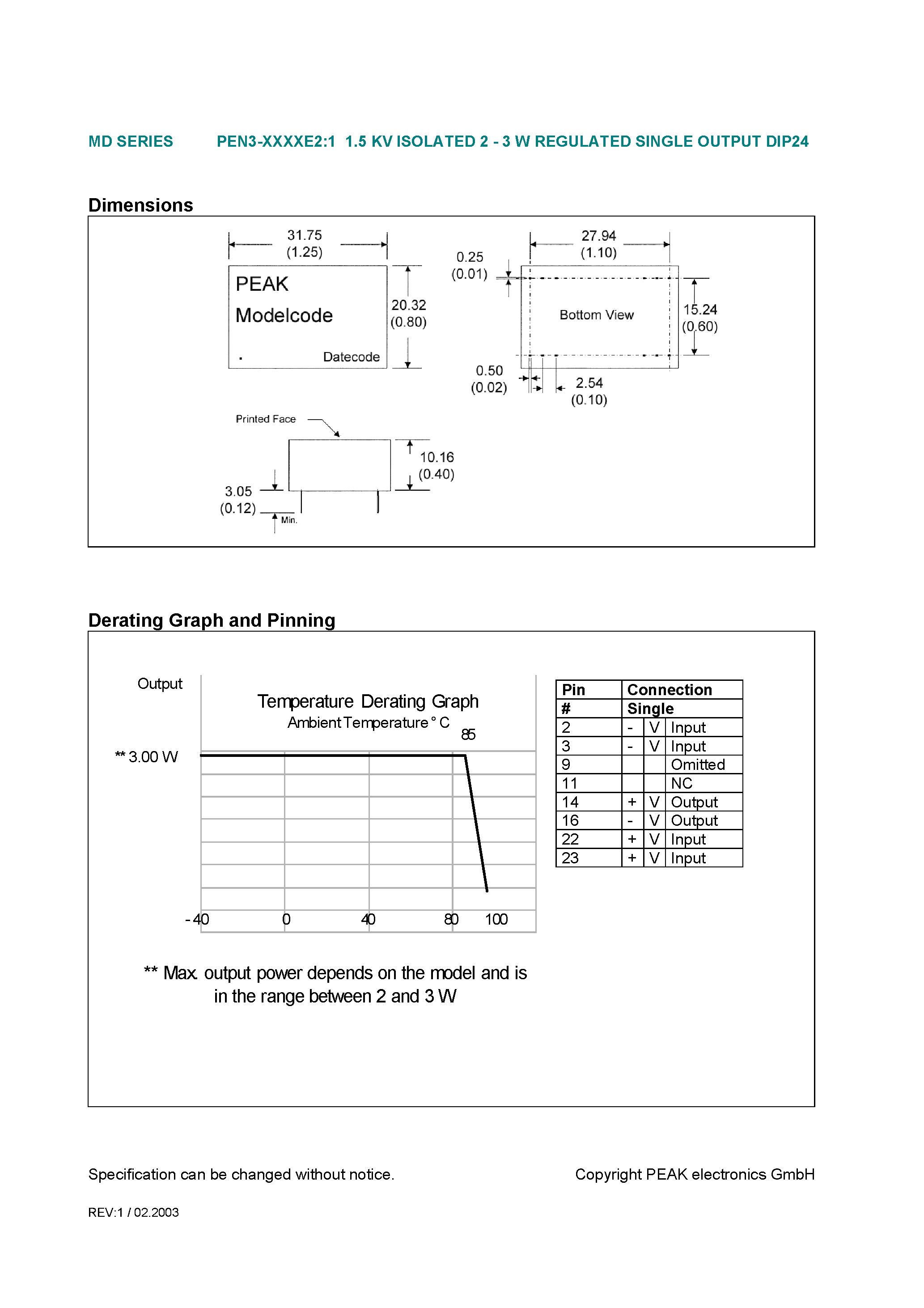 Даташит PEN3-xxxxE2:1 - 1.5 KV ISOLATED 2 - 3 W REGULATED SINGLE OUTPUT DIP24 страница 2