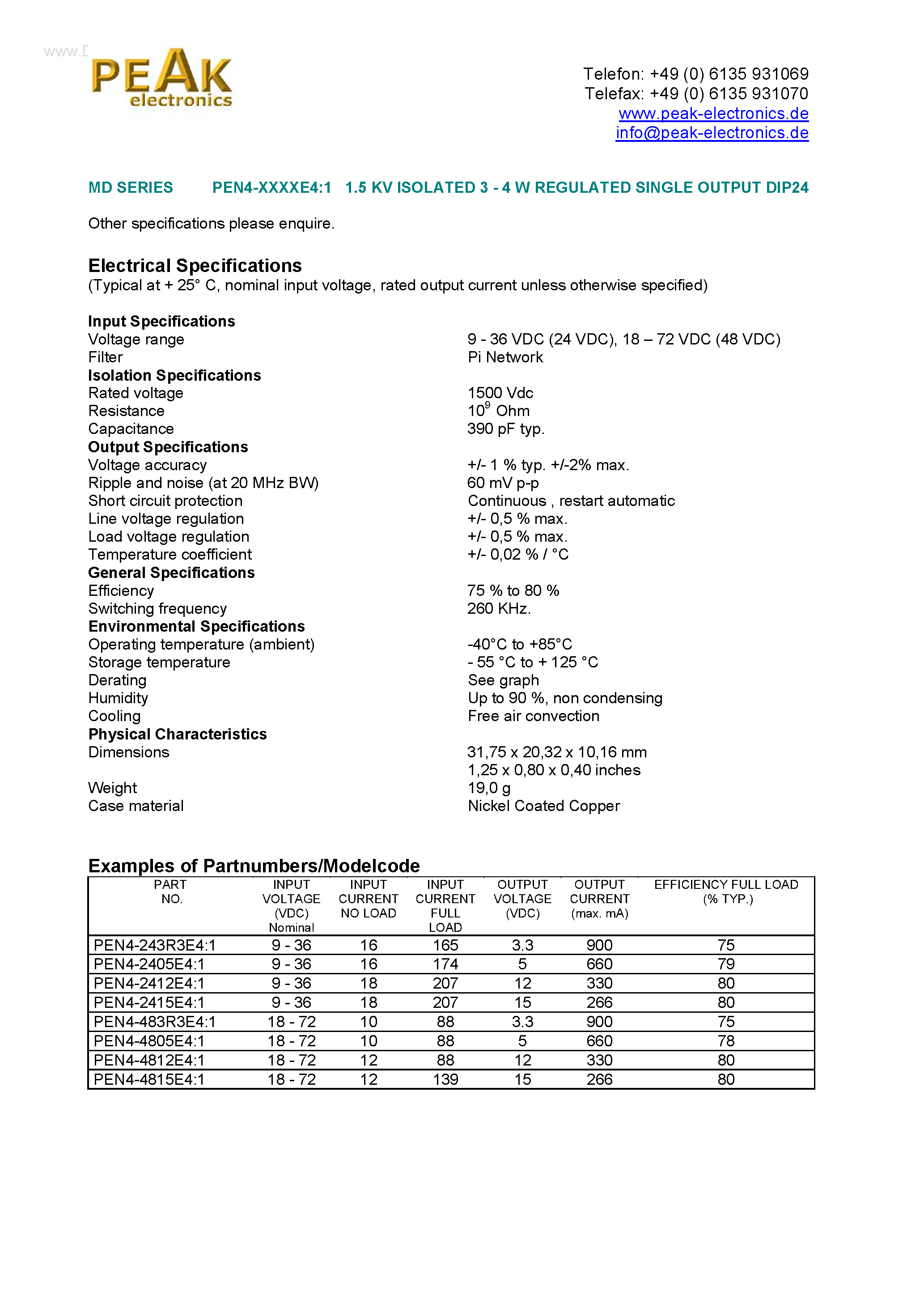 Даташит PEN4-XXXXE4:1 - 1.5 KV ISOLATED 3 - 4 W REGULATED SINGLE OUTPUT DIP24 страница 1