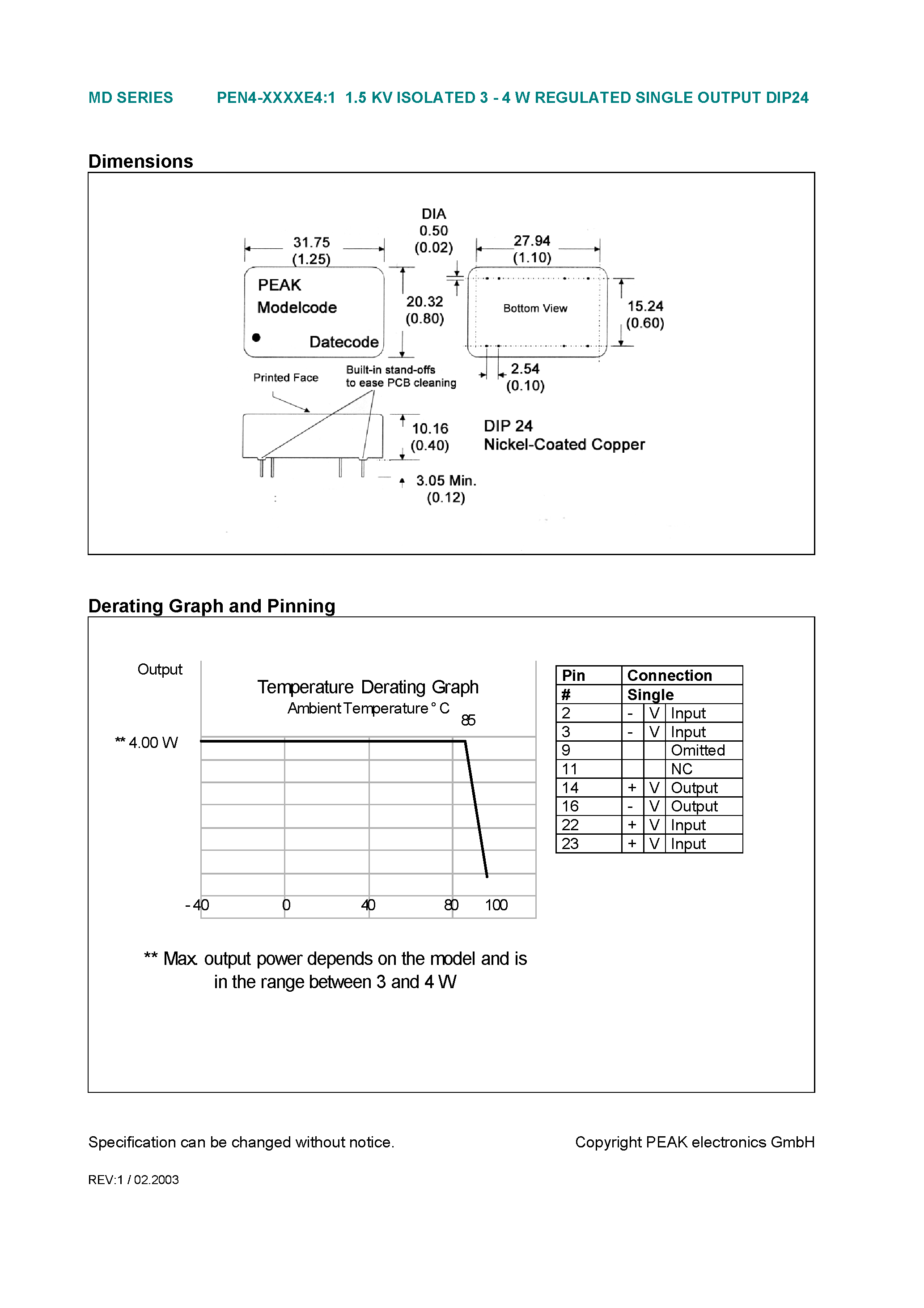 Даташит PEN4-XXXXE4:1 - 1.5 KV ISOLATED 3 - 4 W REGULATED SINGLE OUTPUT DIP24 страница 2