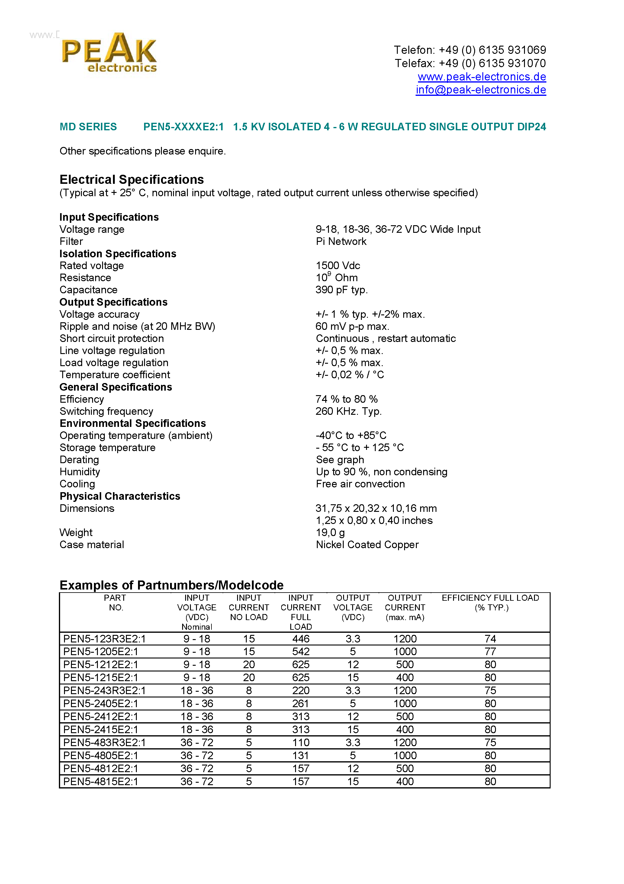 Даташит PEN5-XXXXE2:1 - 1.5 KV ISOLATED 4 - 6 W REGULATED SINGLE OUTPUT DIP24 страница 1