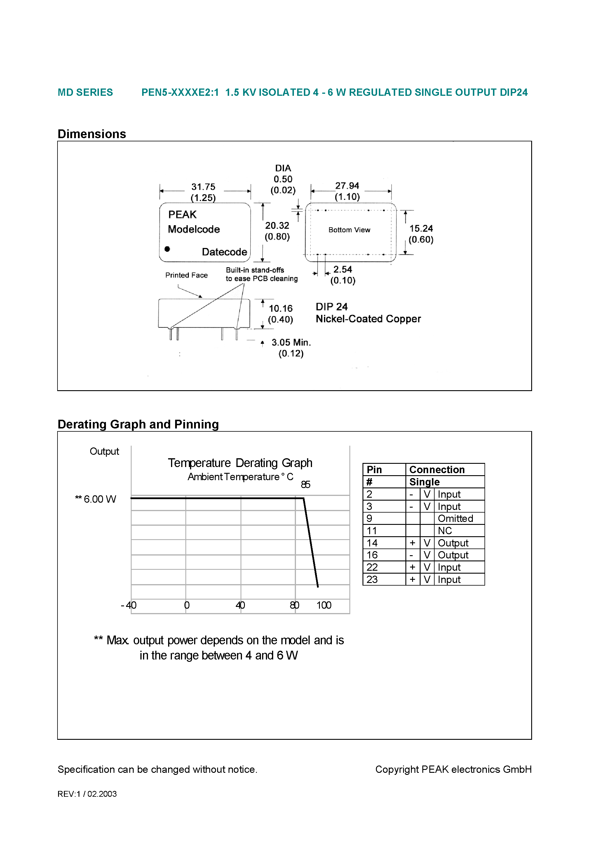 Даташит PEN5-XXXXE2:1 - 1.5 KV ISOLATED 4 - 6 W REGULATED SINGLE OUTPUT DIP24 страница 2