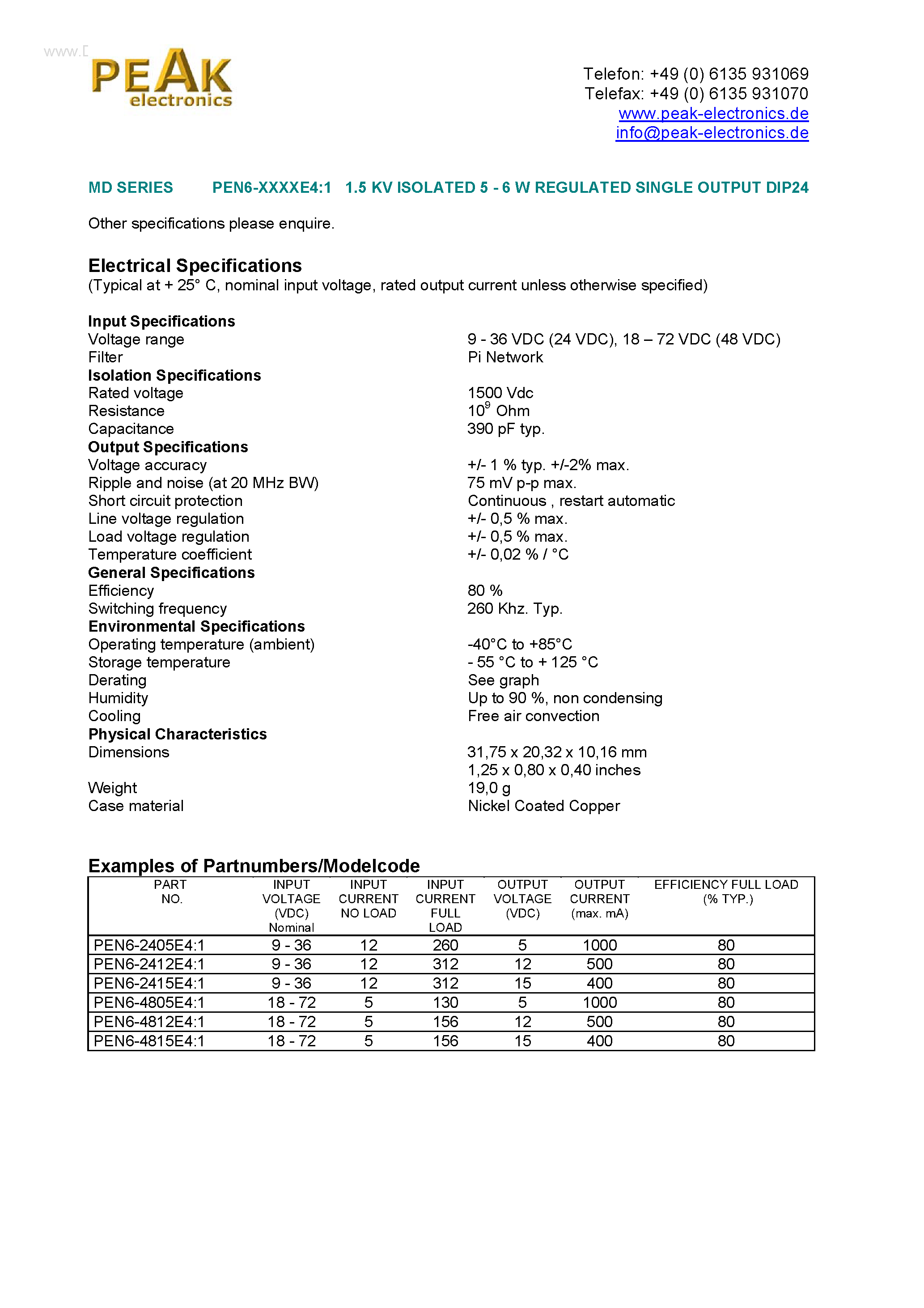 Даташит PEN6-XXXXE4:1 - 1.5 KV ISOLATED 5 - 6 W REGULATED SINGLE OUTPUT DIP24 страница 1