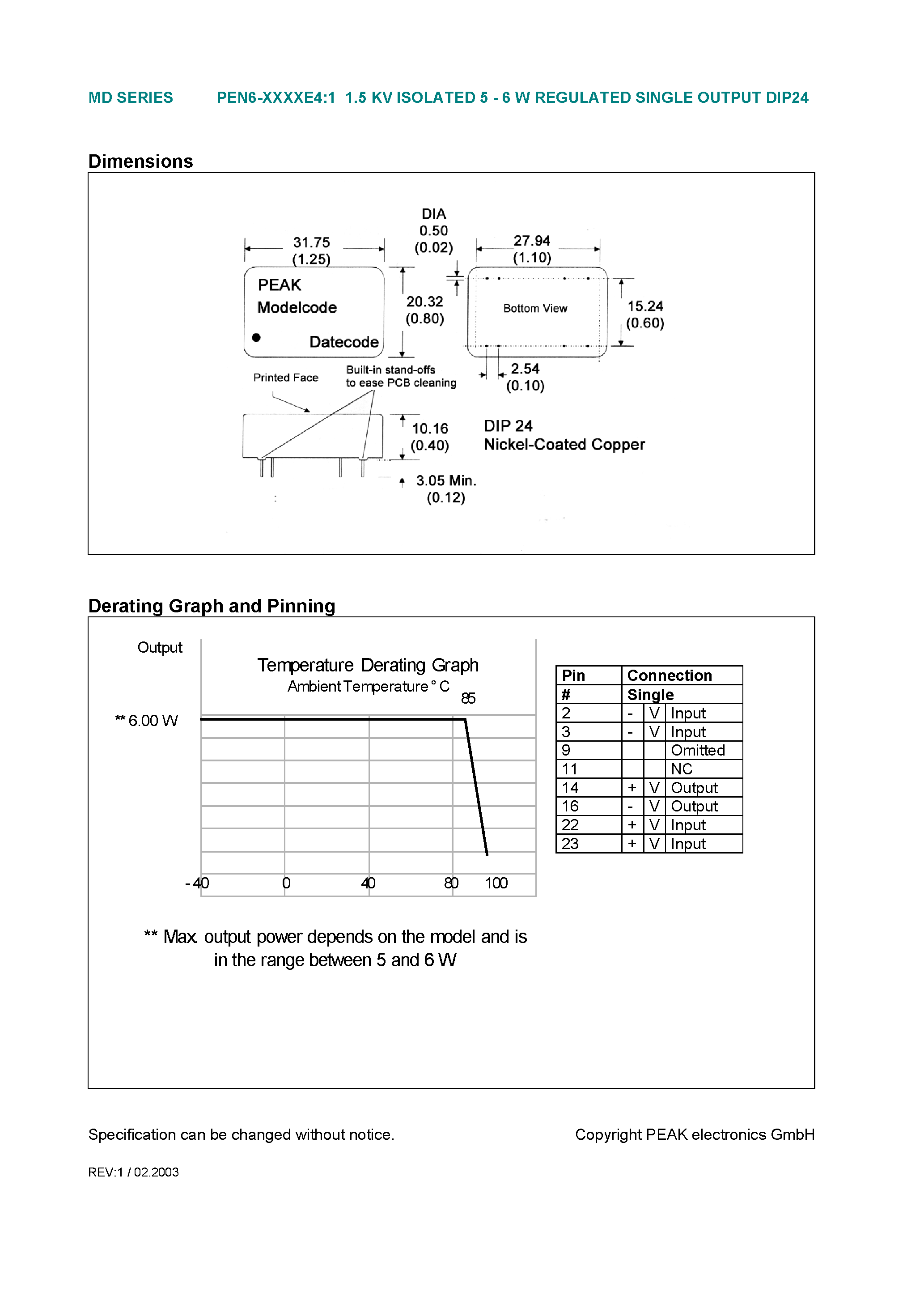 Даташит PEN6-XXXXE4:1 - 1.5 KV ISOLATED 5 - 6 W REGULATED SINGLE OUTPUT DIP24 страница 2