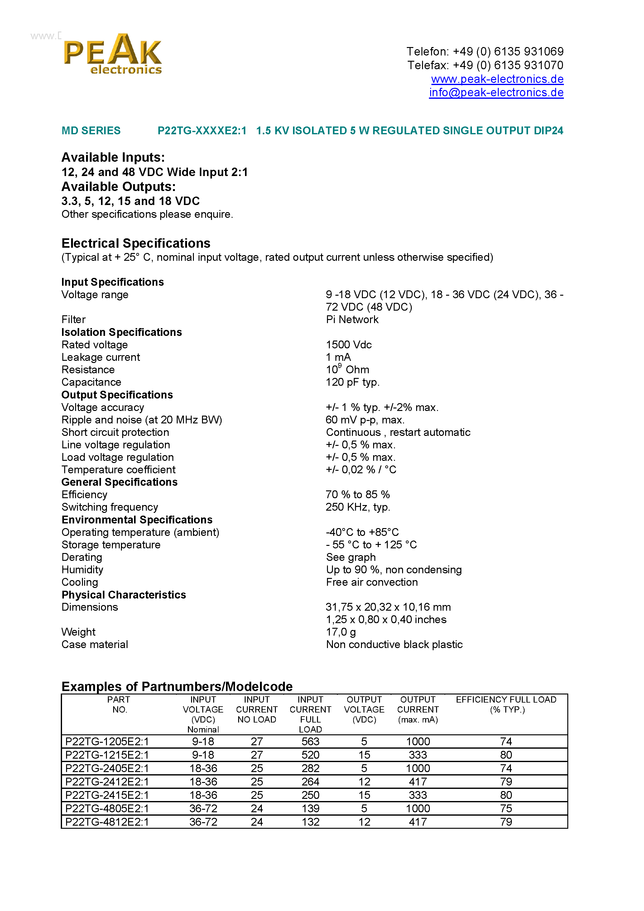 Даташит P22TG-xxxxE2:1 - 1.5 KV ISOLATED 5 W REGULATED SINGLE OUTPUT DIP24 страница 1