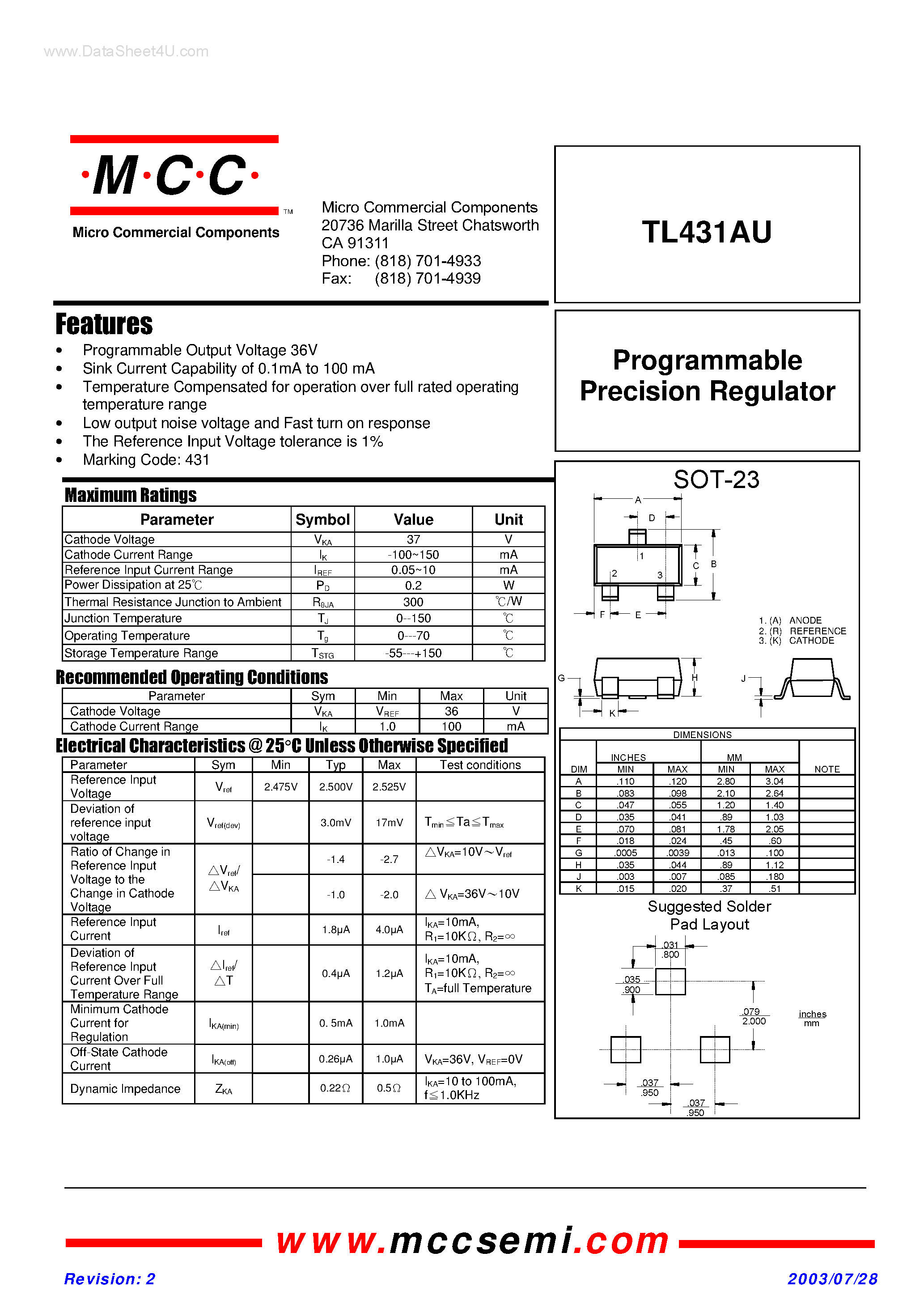 Datasheet TL431AU - Programmable Precision Regulator page 1