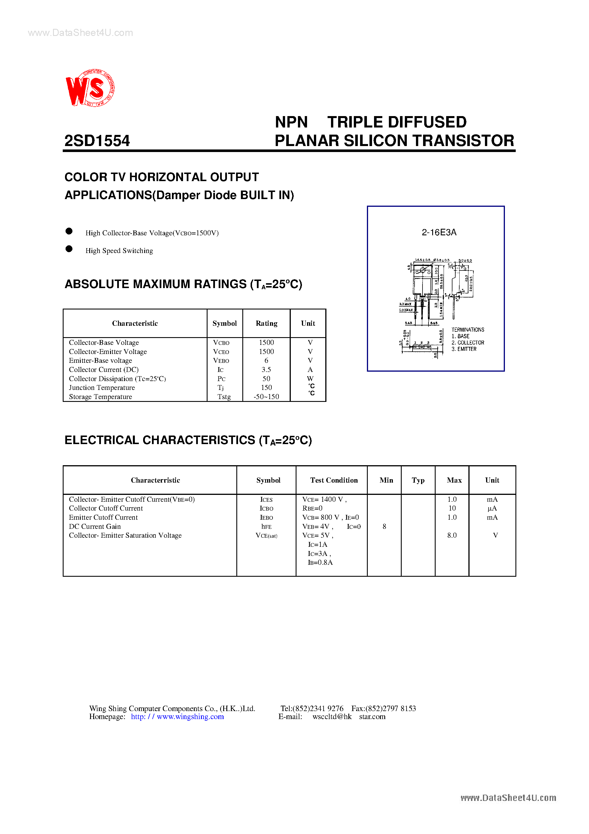 Datasheet D1554 - Search -----> 2SD1554 page 1