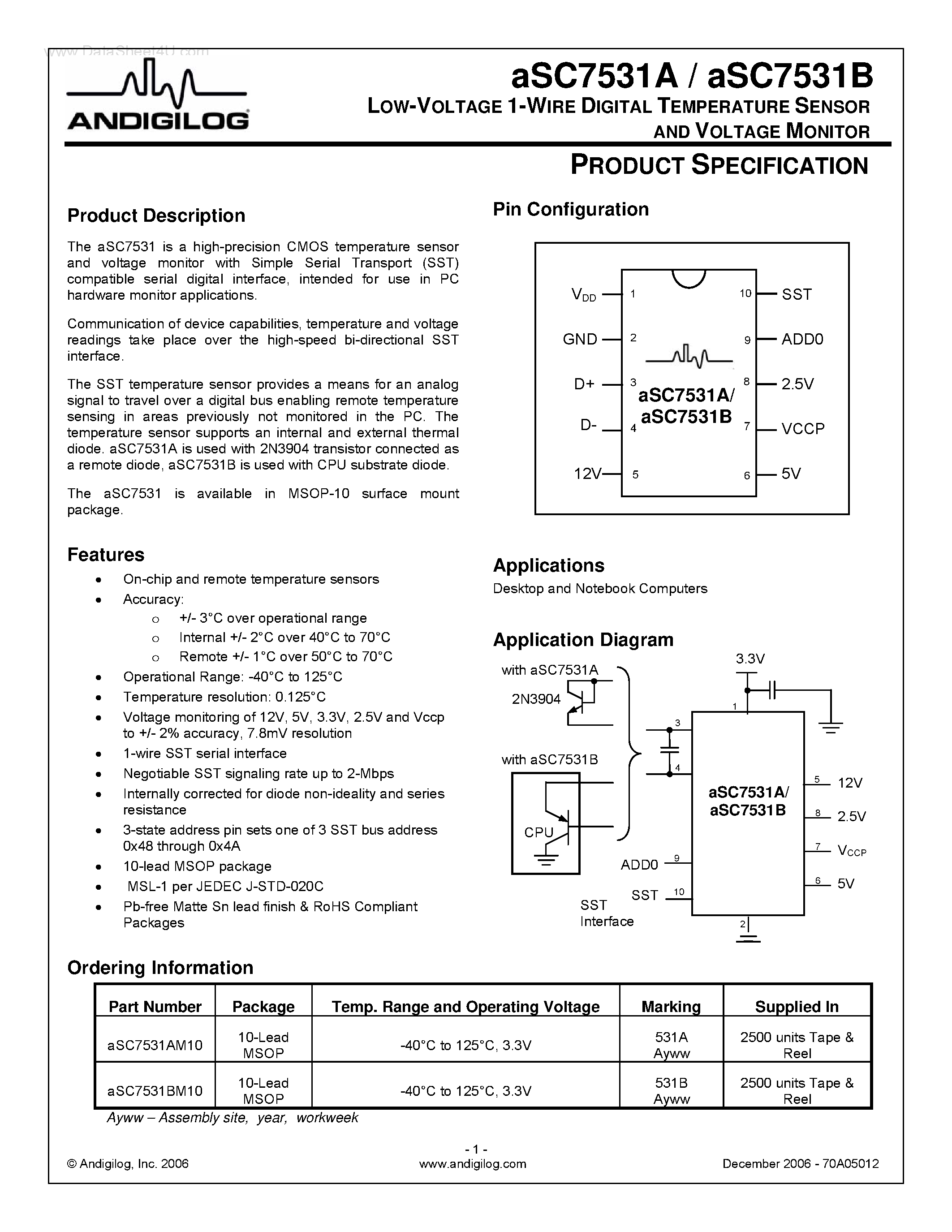 Datasheet ASC7531A - (ASC7531A/B) LOW-VOLTAGE 1-WIRE DIGITAL TEMPERATURE SENSOR AND VOLTAGE MONITOR page 1