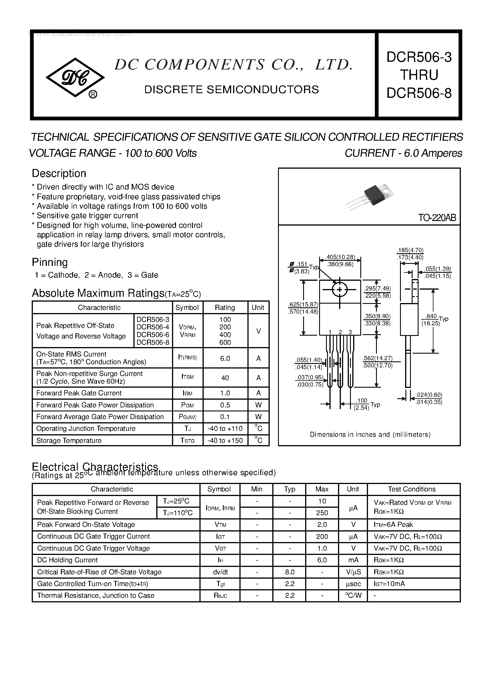 Даташит DCR506-3 - (DCR506-3 - DCR506-8) TECHNICAL SPECIFICATIONS OF SENSITIVE GATE SILICON CONTROLLED RECTIFIERS страница 1