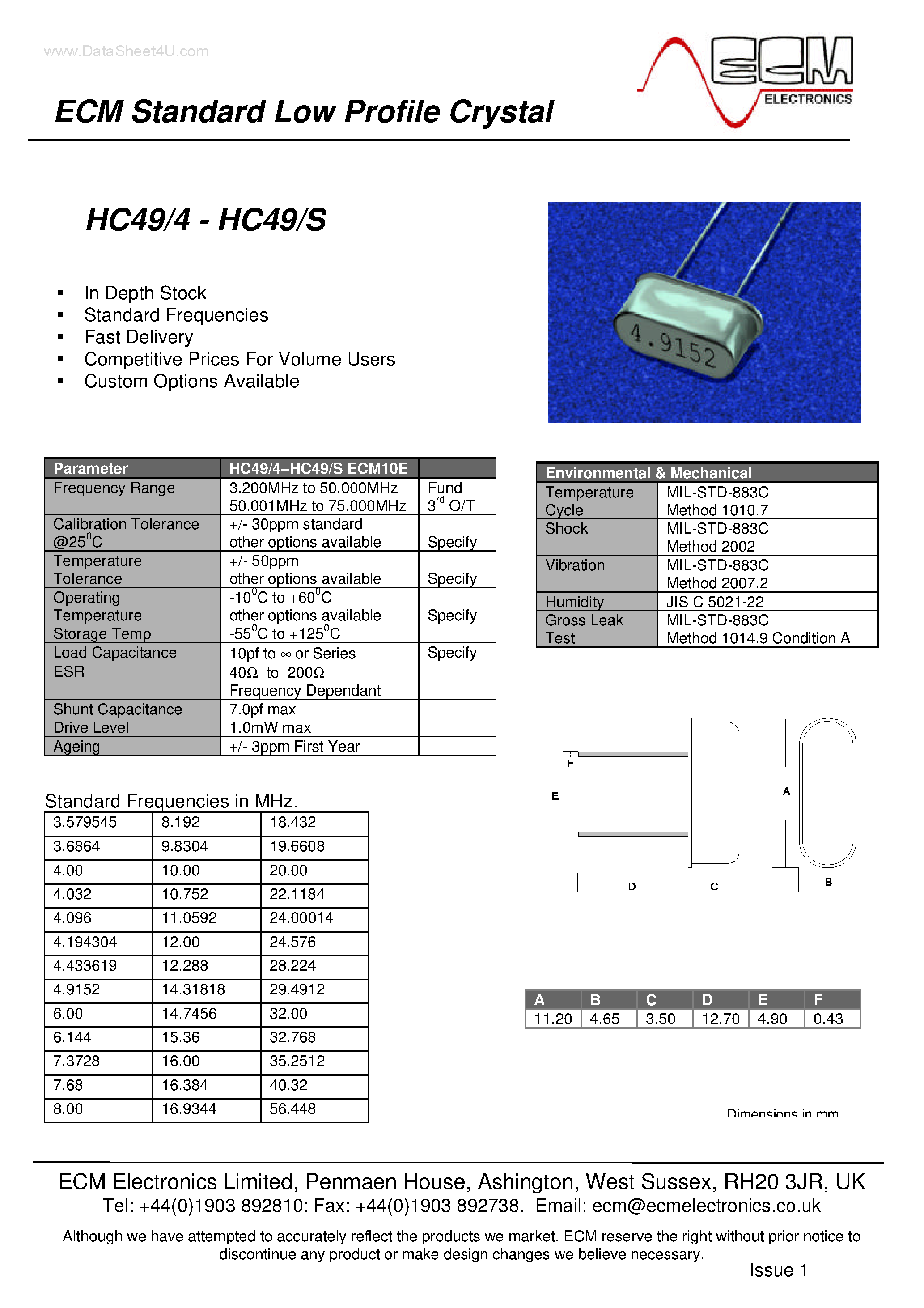 Datasheet HC49/4 - ECM Standard Low Profile Crystal page 1