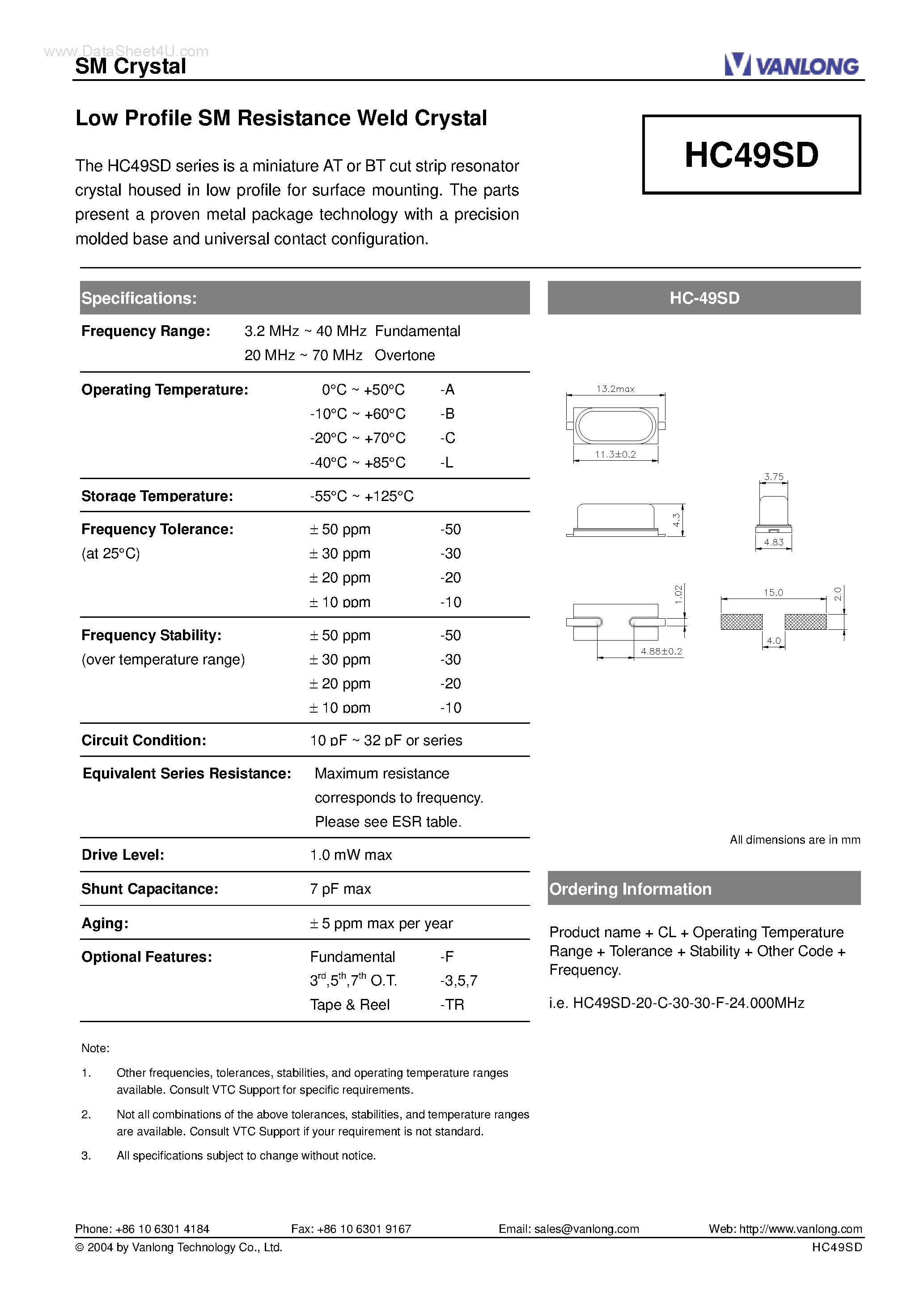 Datasheet HC49SD - RESISTANCE WELD SMD CRYSTAL page 1