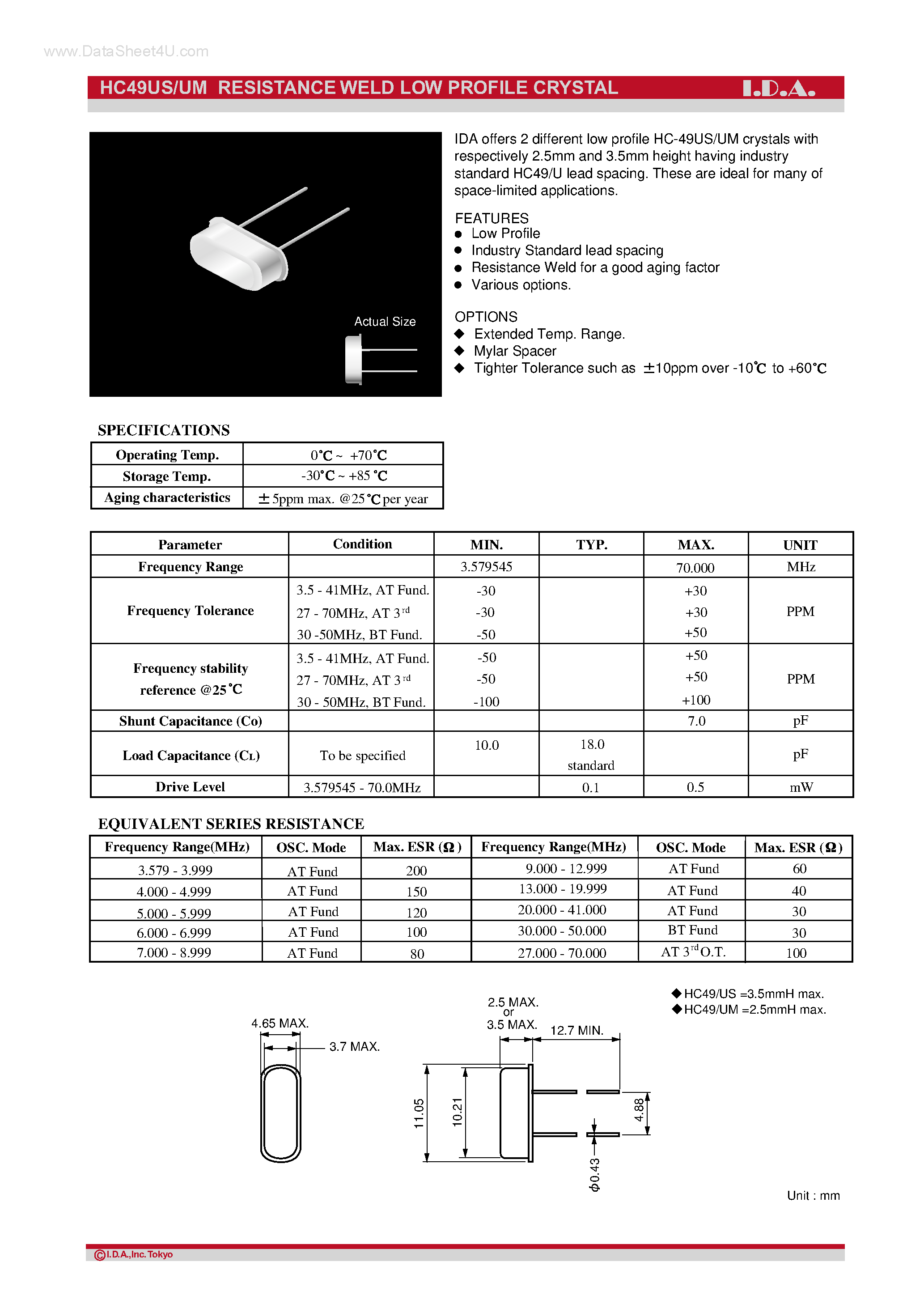 Datasheet HC49UM - (HC49US/UM) Resistance Weld Low Profile Crystal page 1