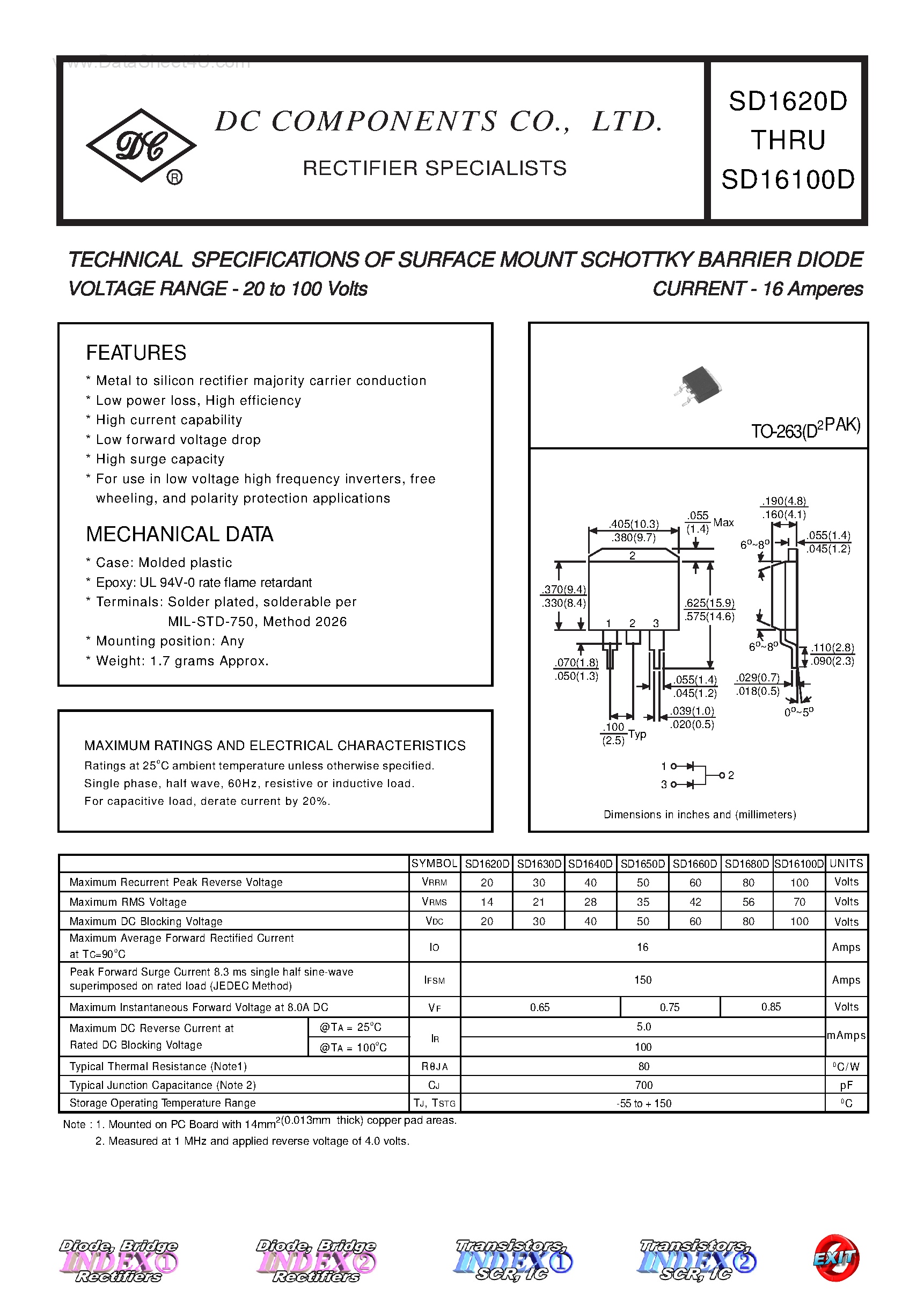 Datasheet SD16100D - (SD1620D - SD16100D) TECHNICAL SPECIFICATIONS OF SURFACE MOUNT SCHOTTKY BARRIER DIODE page 1