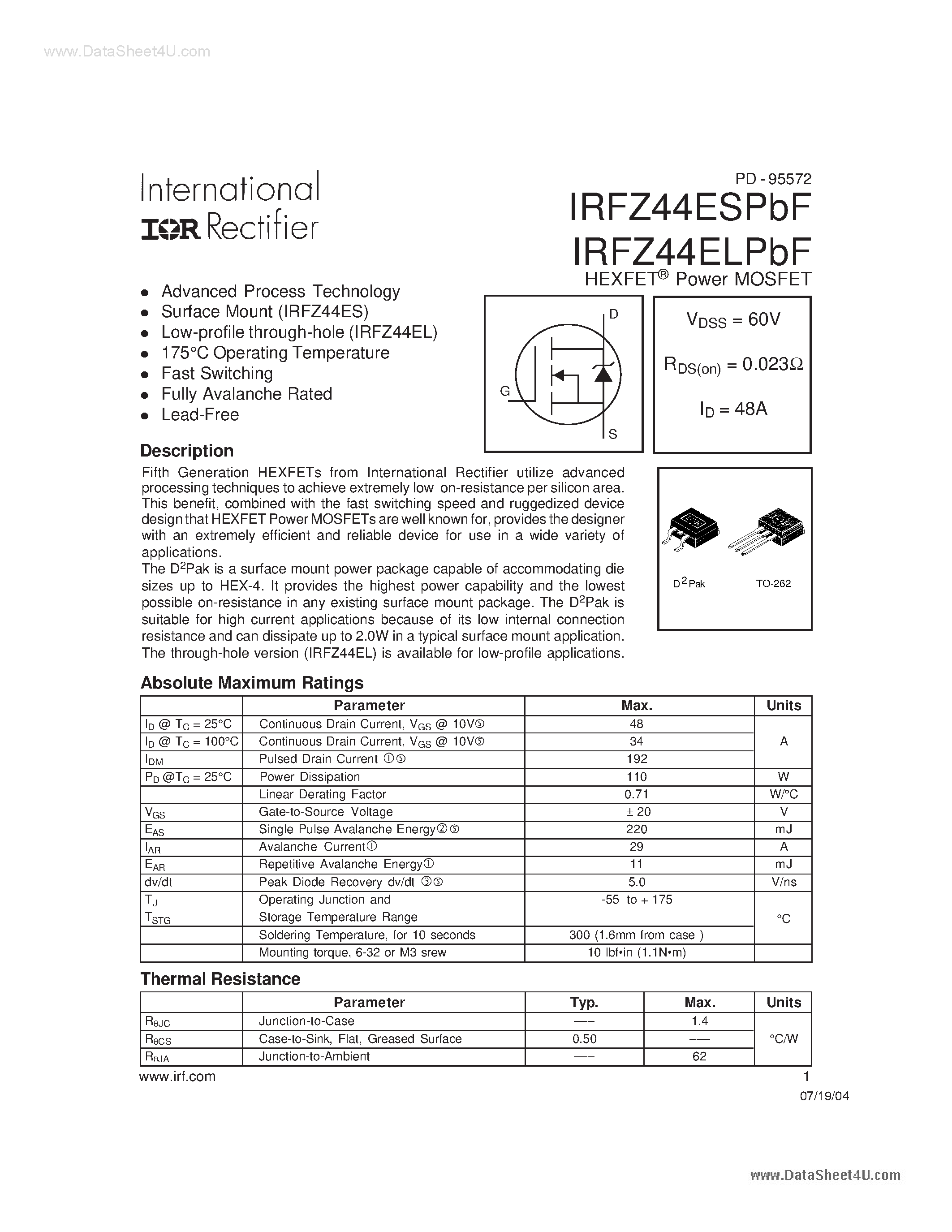 Даташит IRFZ44ELPBF - Power MOSFET страница 1