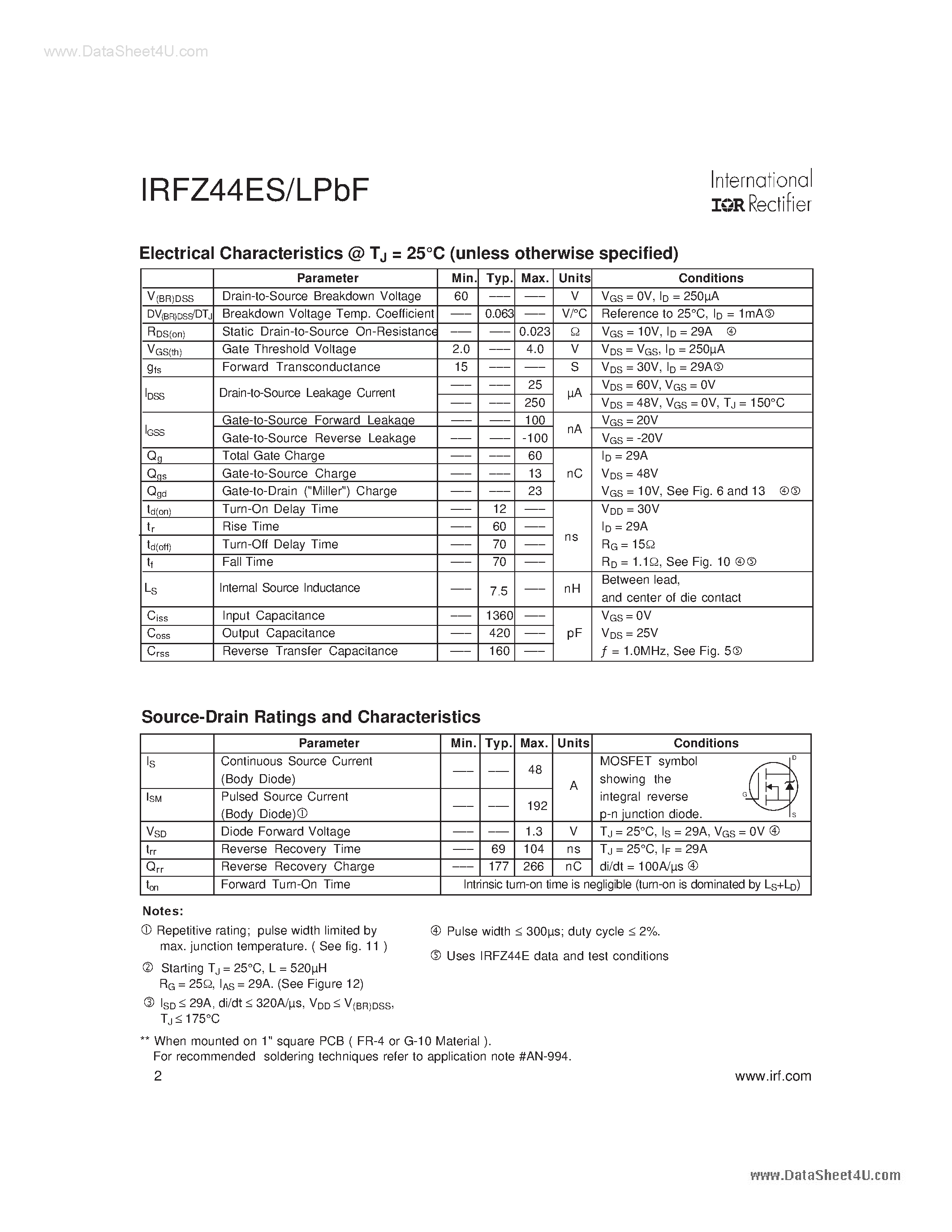 Даташит IRFZ44ELPBF - Power MOSFET страница 2