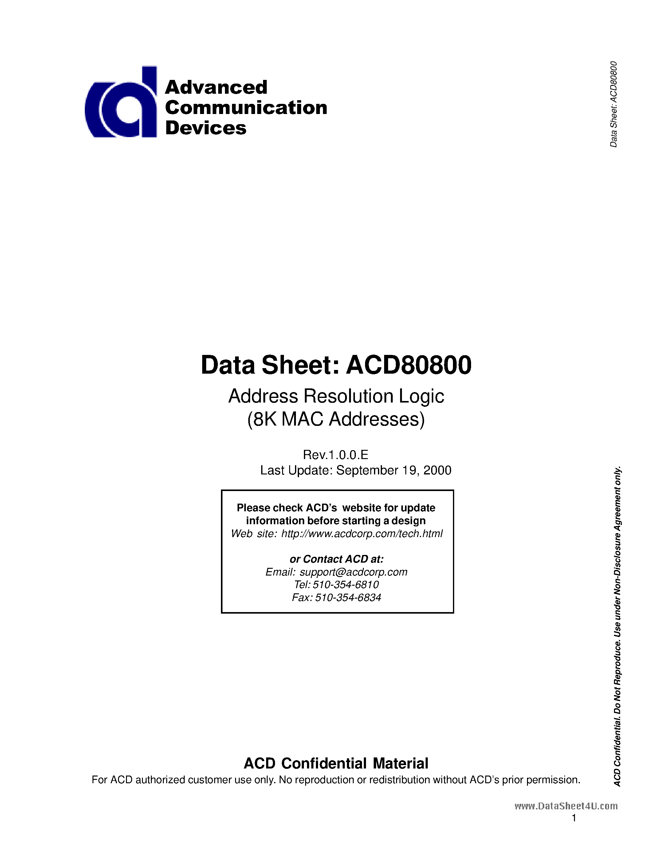 Datasheet ACD80800 - Address Resolution Logic page 1