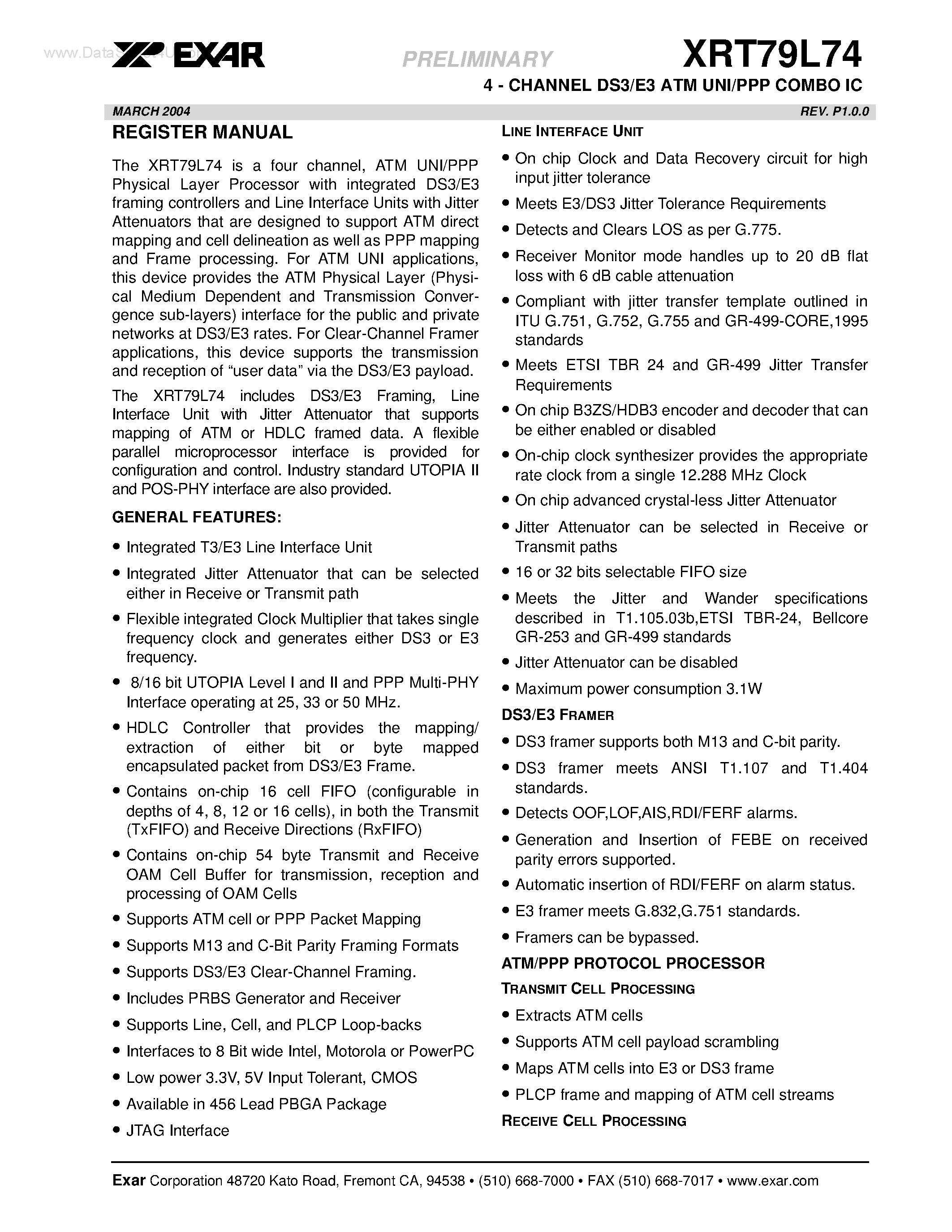 Datasheet XRT79L74 - 4-CHANNEL DS3/E3 ATM UNI/PPP COMBO IC page 1