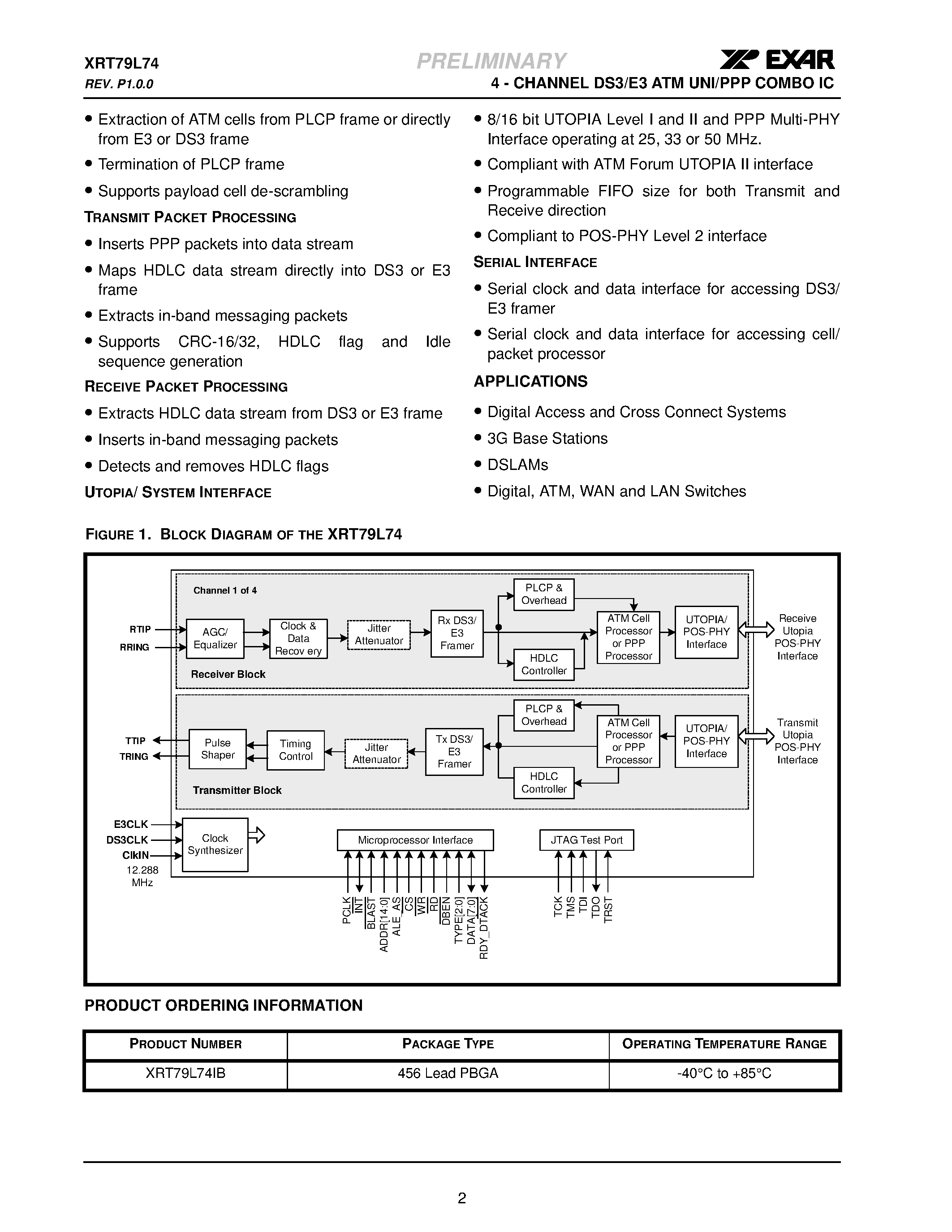 Datasheet XRT79L74 - 4-CHANNEL DS3/E3 ATM UNI/PPP COMBO IC page 2