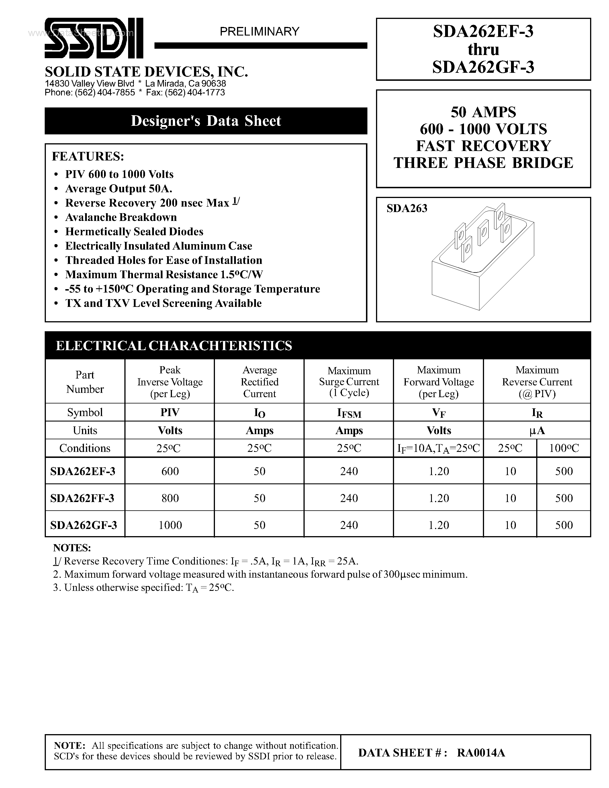 Даташит SDA262EF-3 - (SDA262xF-3) FAST RECOVERY THREE PHASE BRIDGE страница 1