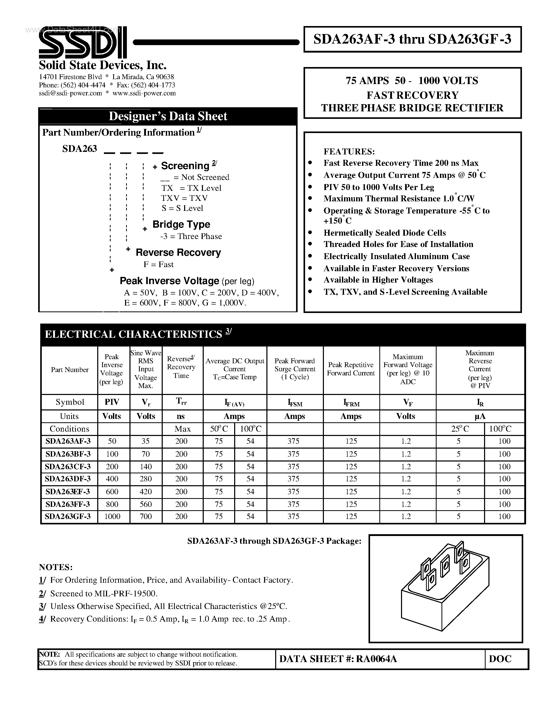 Даташит SDA263AF-3 - (SDA263xF-3) FAST RECOVERY THREE PHASE BRIDGE RECTIFIER страница 1