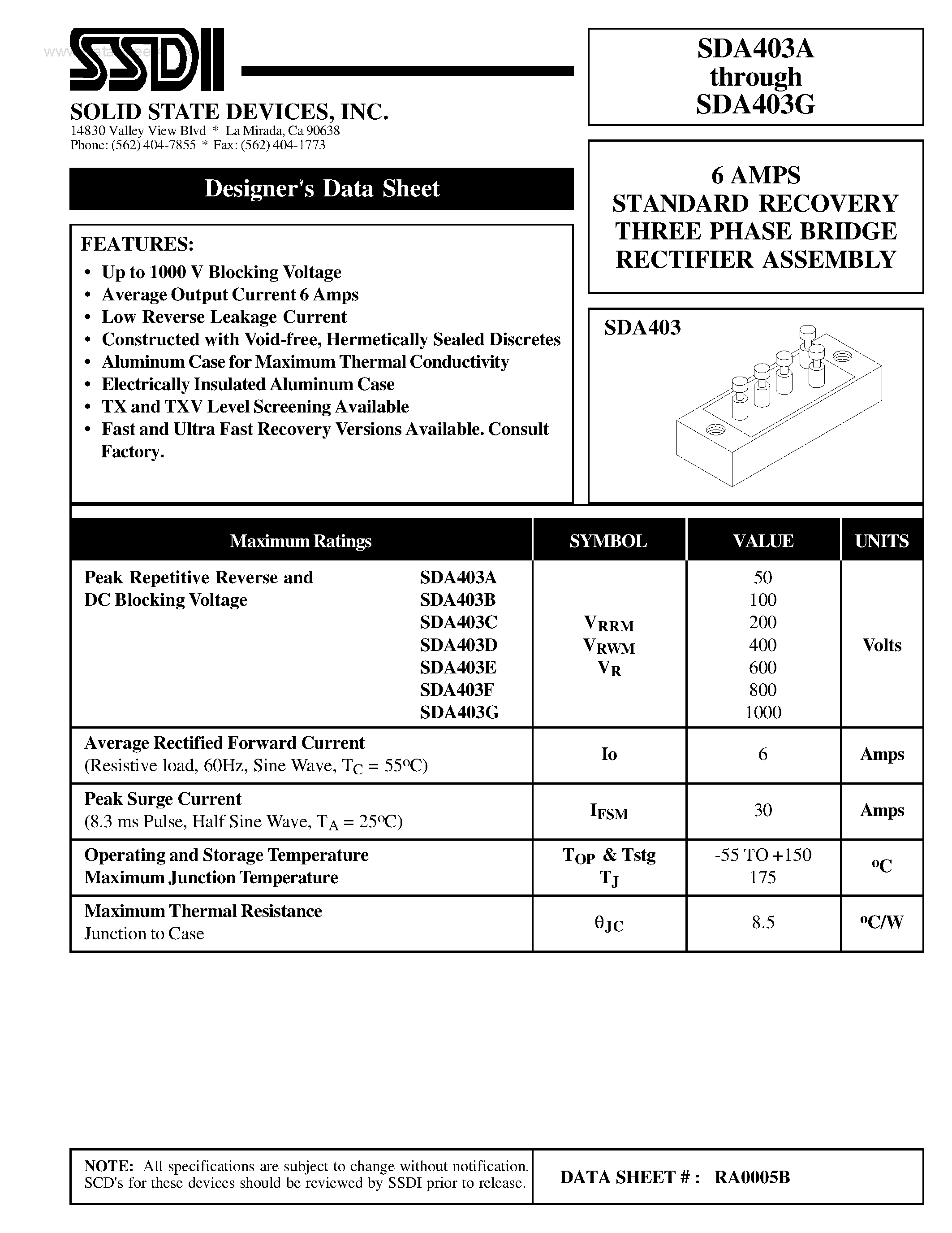 Даташит SDA403A - (SDA403A - SDA403G) 6 AMPS STANDARD RECOVERY THREE PHASE BRIDGE RECTIFIER ASSEMBLY страница 1