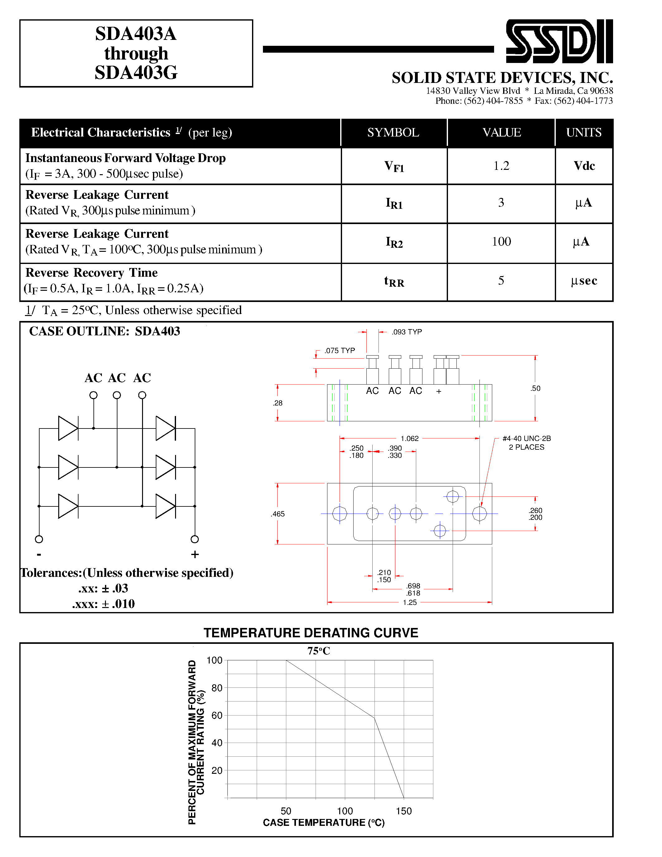 Даташит SDA403A - (SDA403A - SDA403G) 6 AMPS STANDARD RECOVERY THREE PHASE BRIDGE RECTIFIER ASSEMBLY страница 2