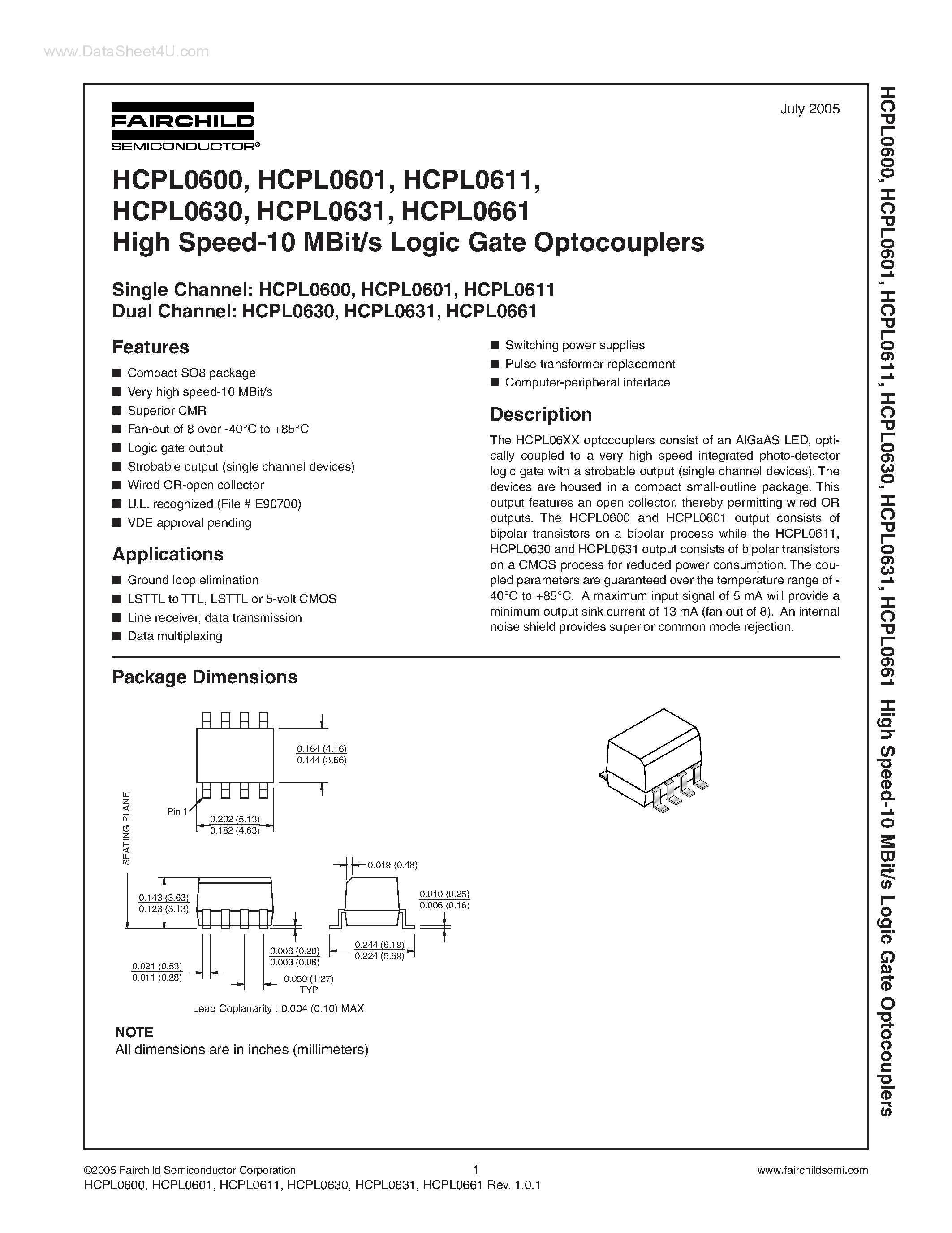 Datasheet HCPL0600 - (HCPL06xx) High Speed-10 MBit/s Logic Gate Optocouplers page 1