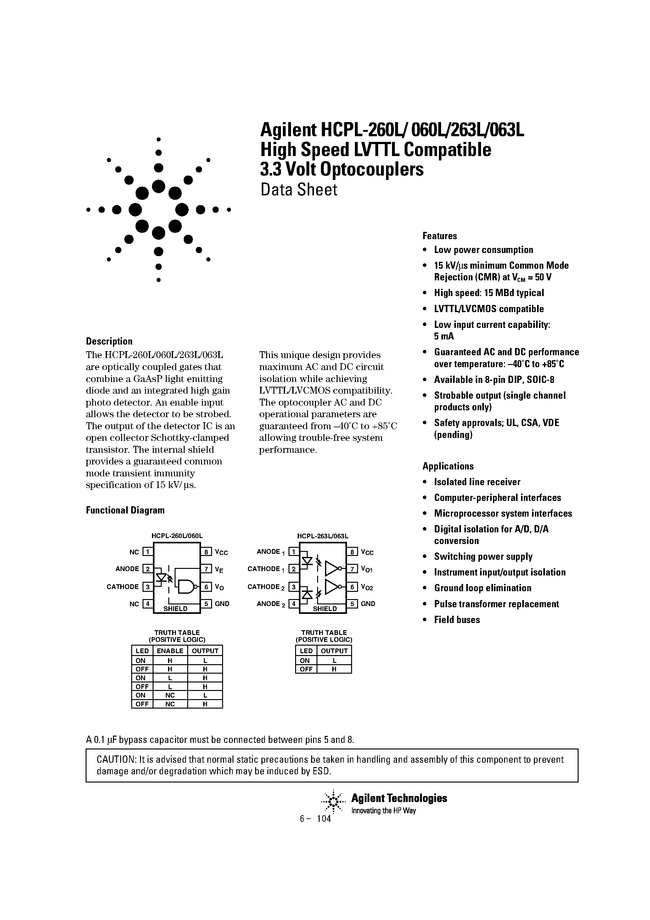 Datasheet HCPL-063L - High Speed LVTTL Compatible 3.3 Volt Optocouplers page 1