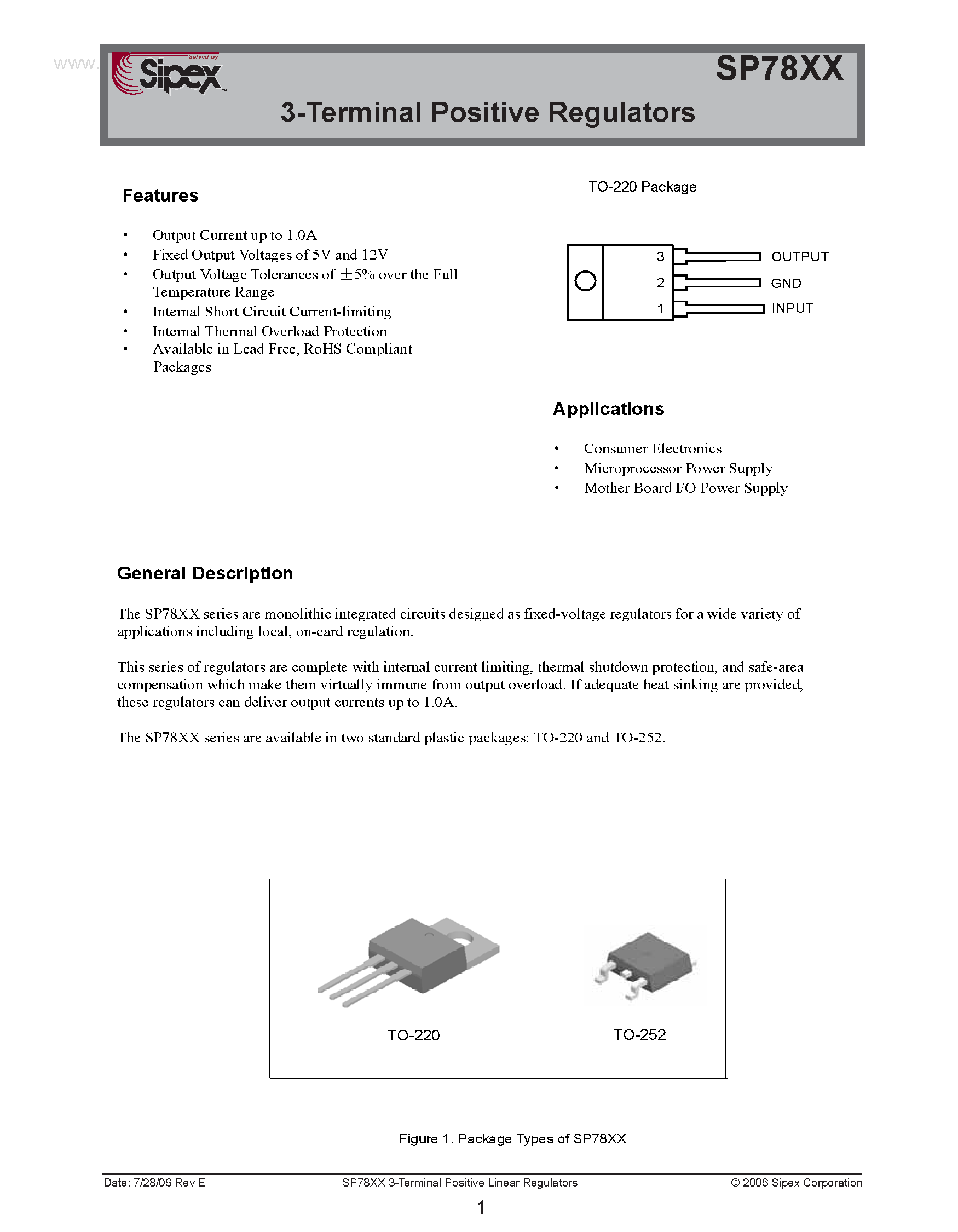 Datasheet SP7805V-L - (SP78xx) 3-Terminal Positive Regulators page 1