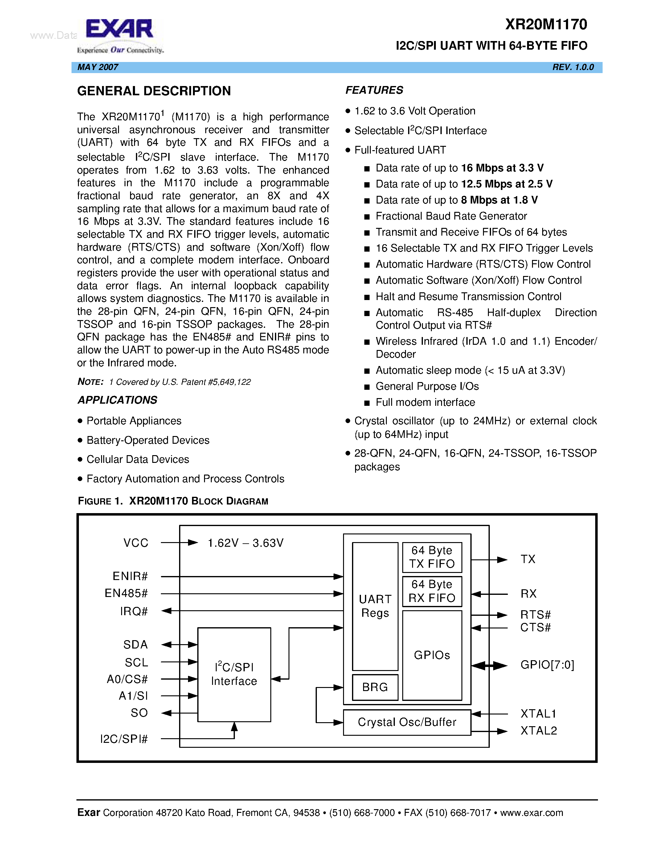 Даташит XR20M1170 - I2C/SPI UART страница 1