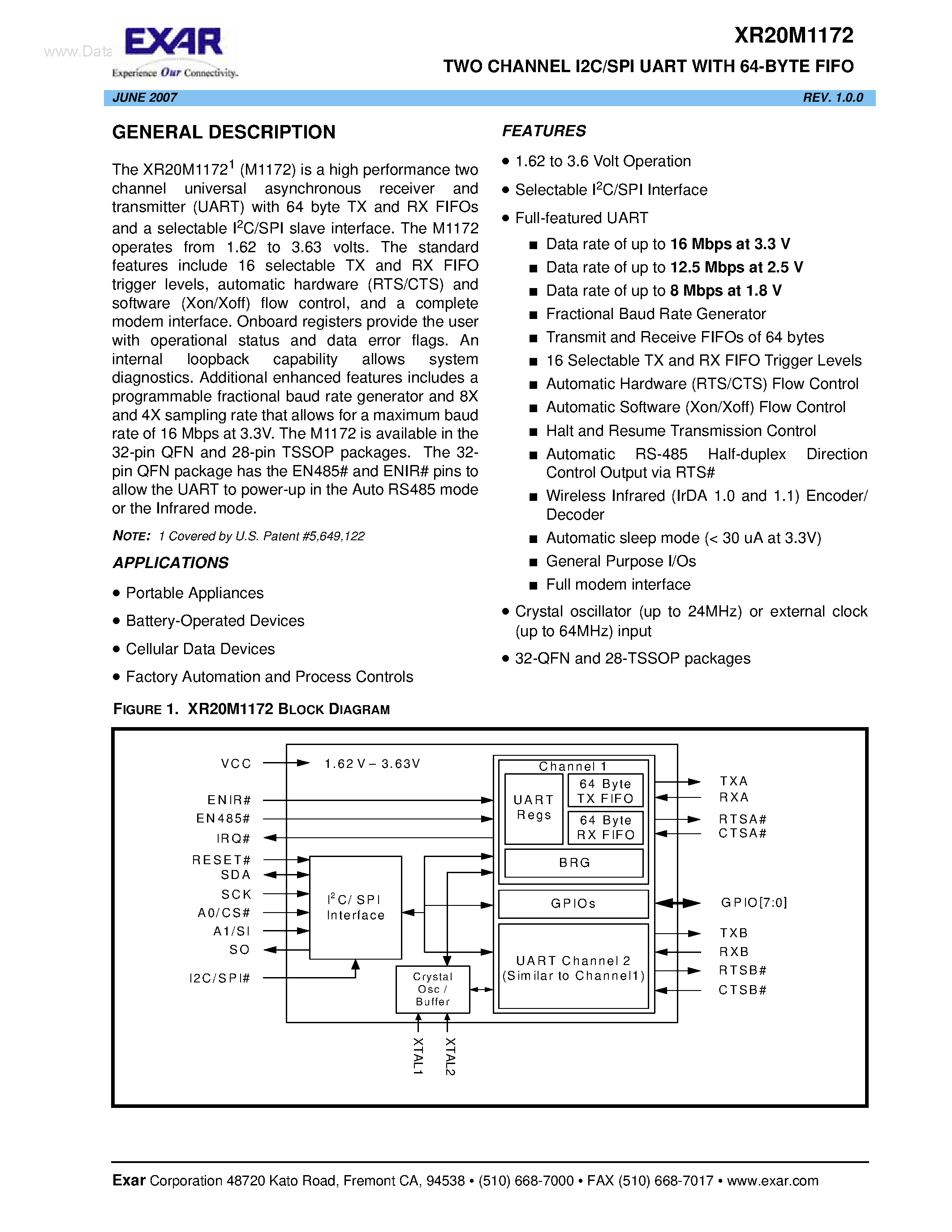 Даташит XR20M1172 - TWO CHANNEL I2C/SPI UART страница 1