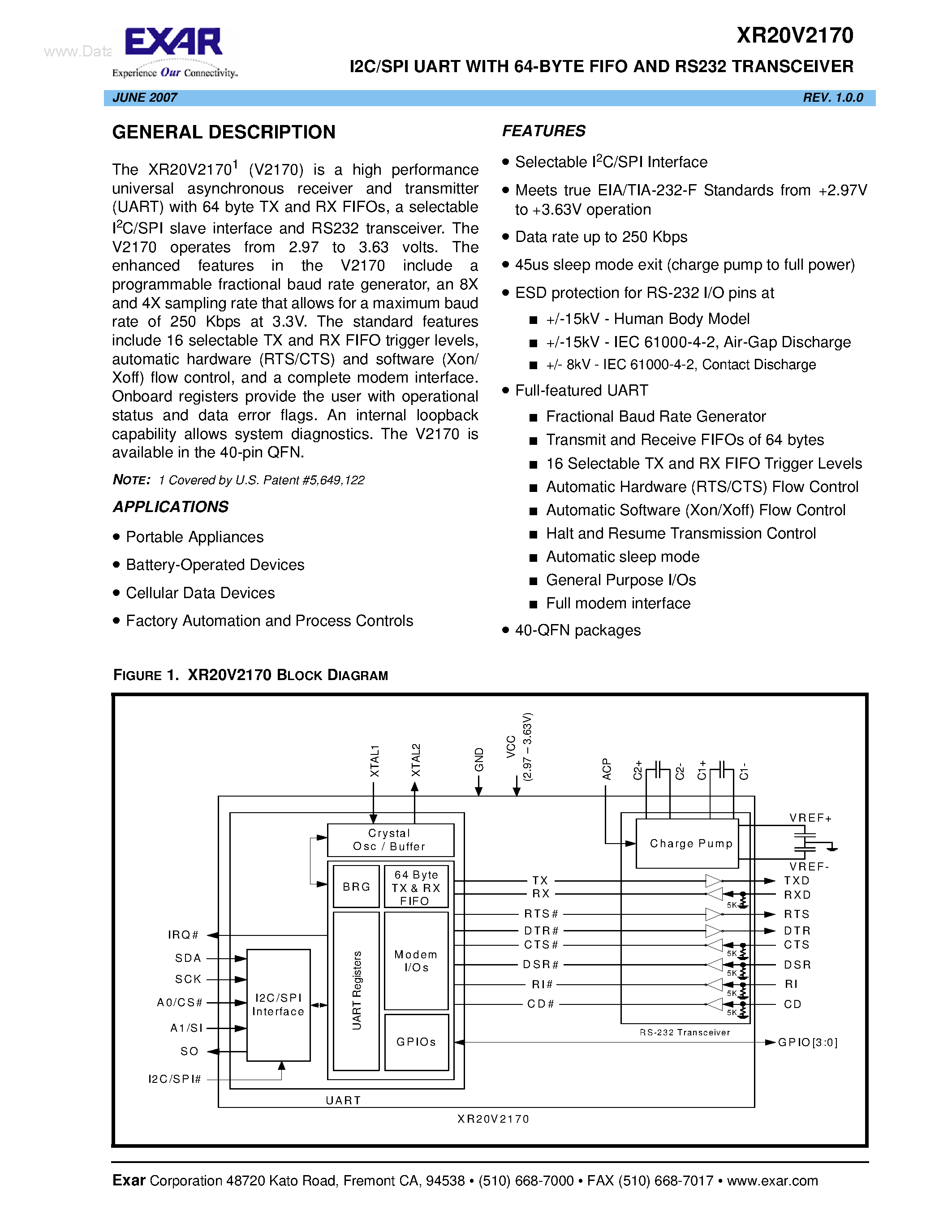 Даташит XR20V2170 - I2C/SPI UART страница 1