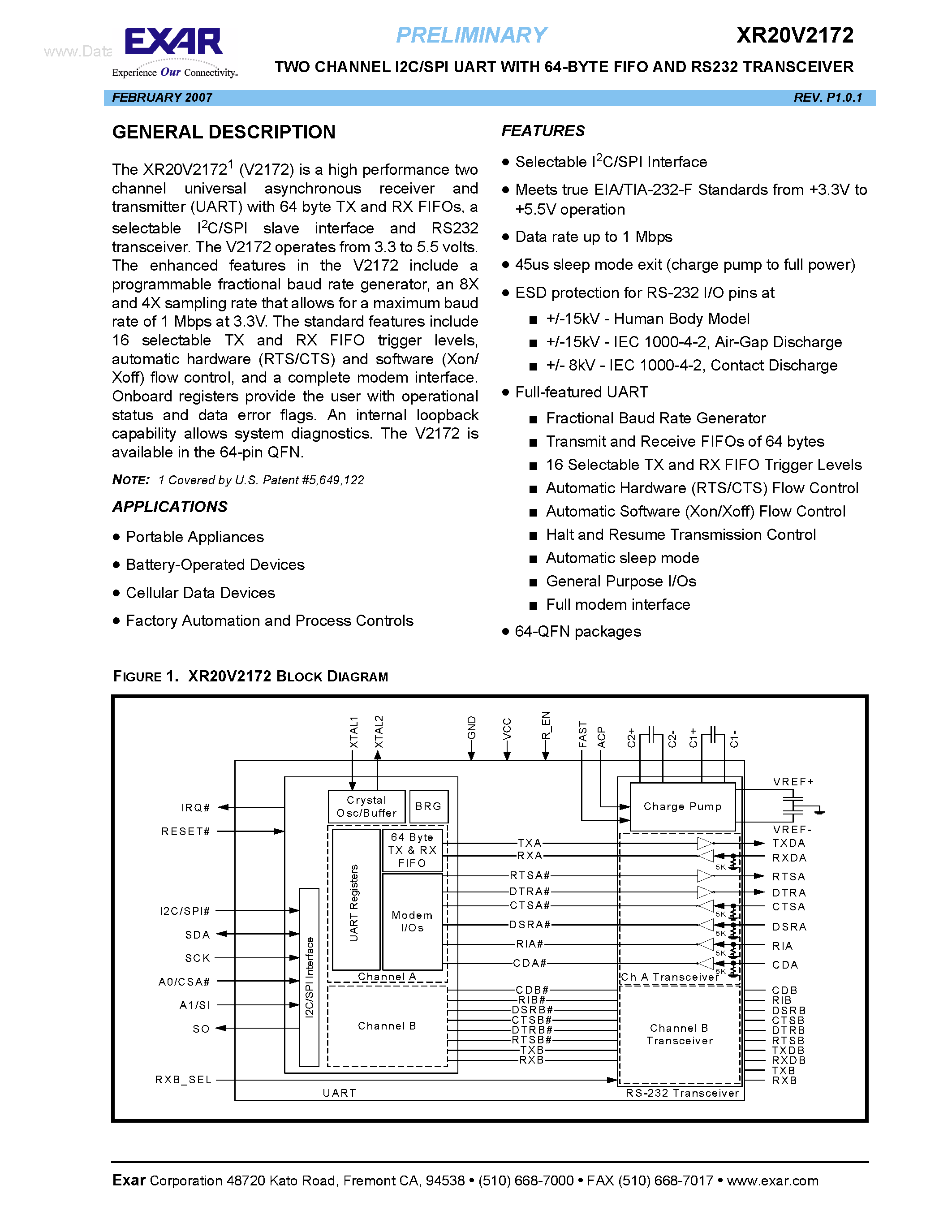 Даташит XR20V2172 - TWO CHANNEL I2C/SPI UART страница 1