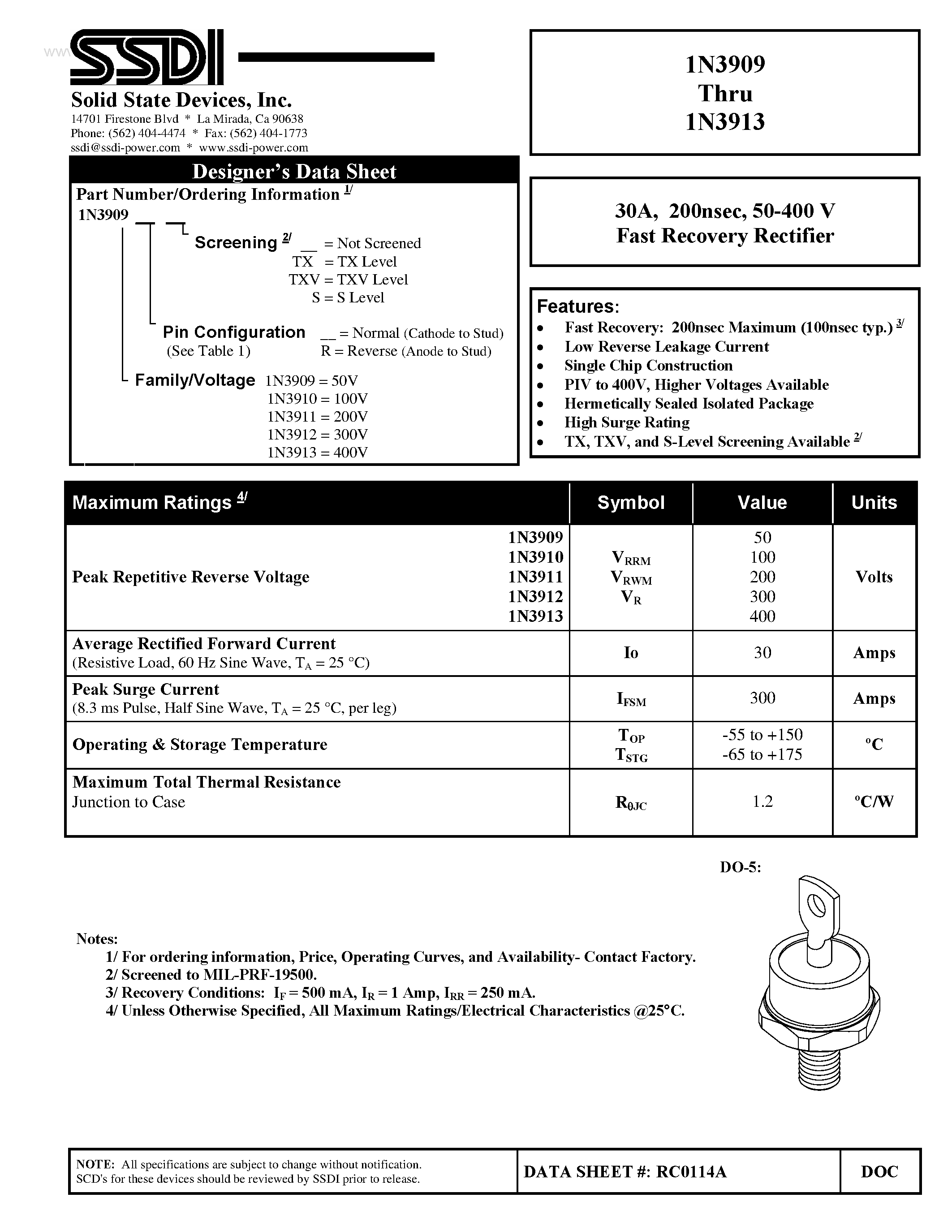 Datasheet 1N3909 - (1N3909 - 1N3913) 50-400 V Fast Recovery Rectifier page 1