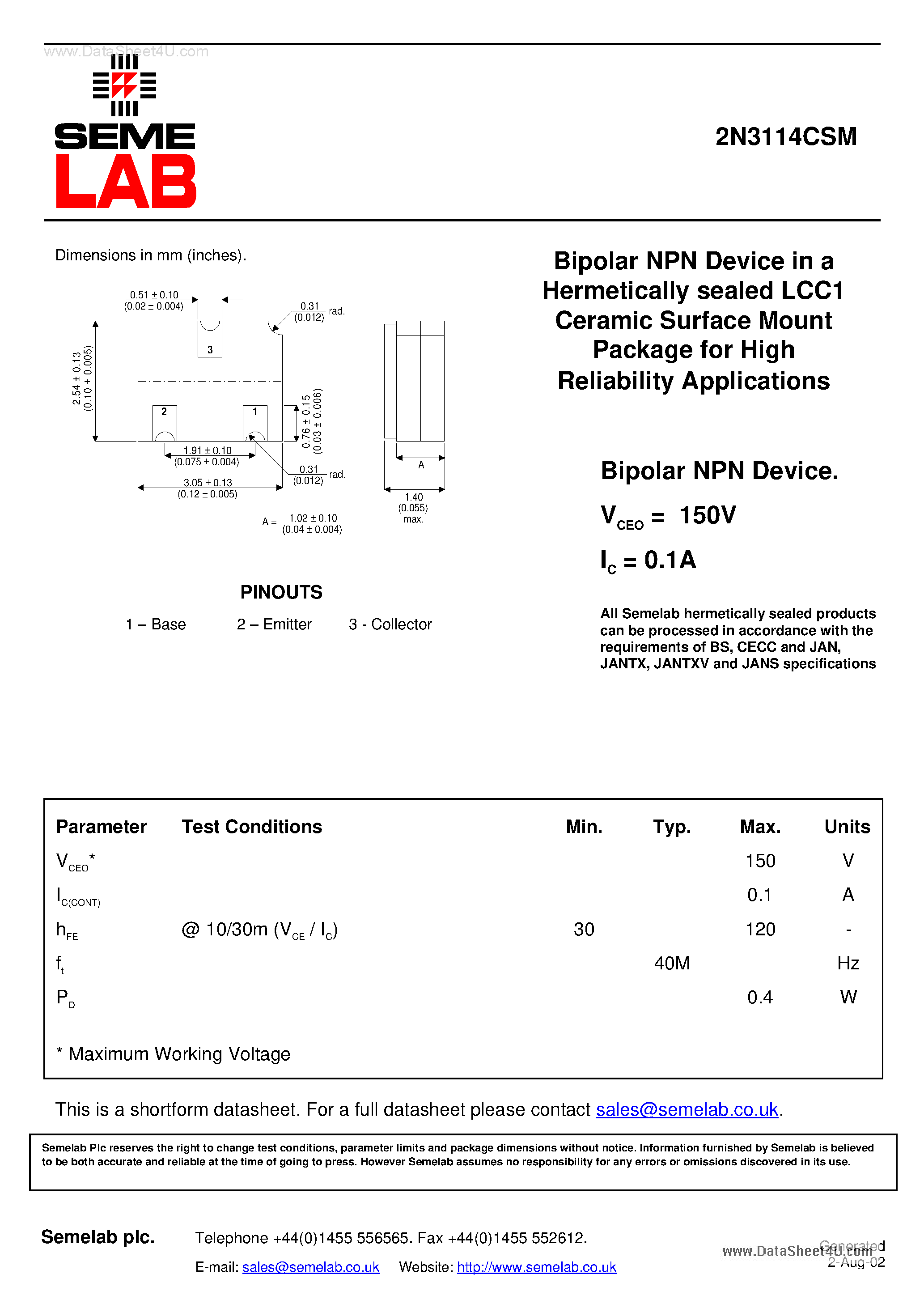 Даташит 2N3114CSM - Bipolar NPN Device страница 1