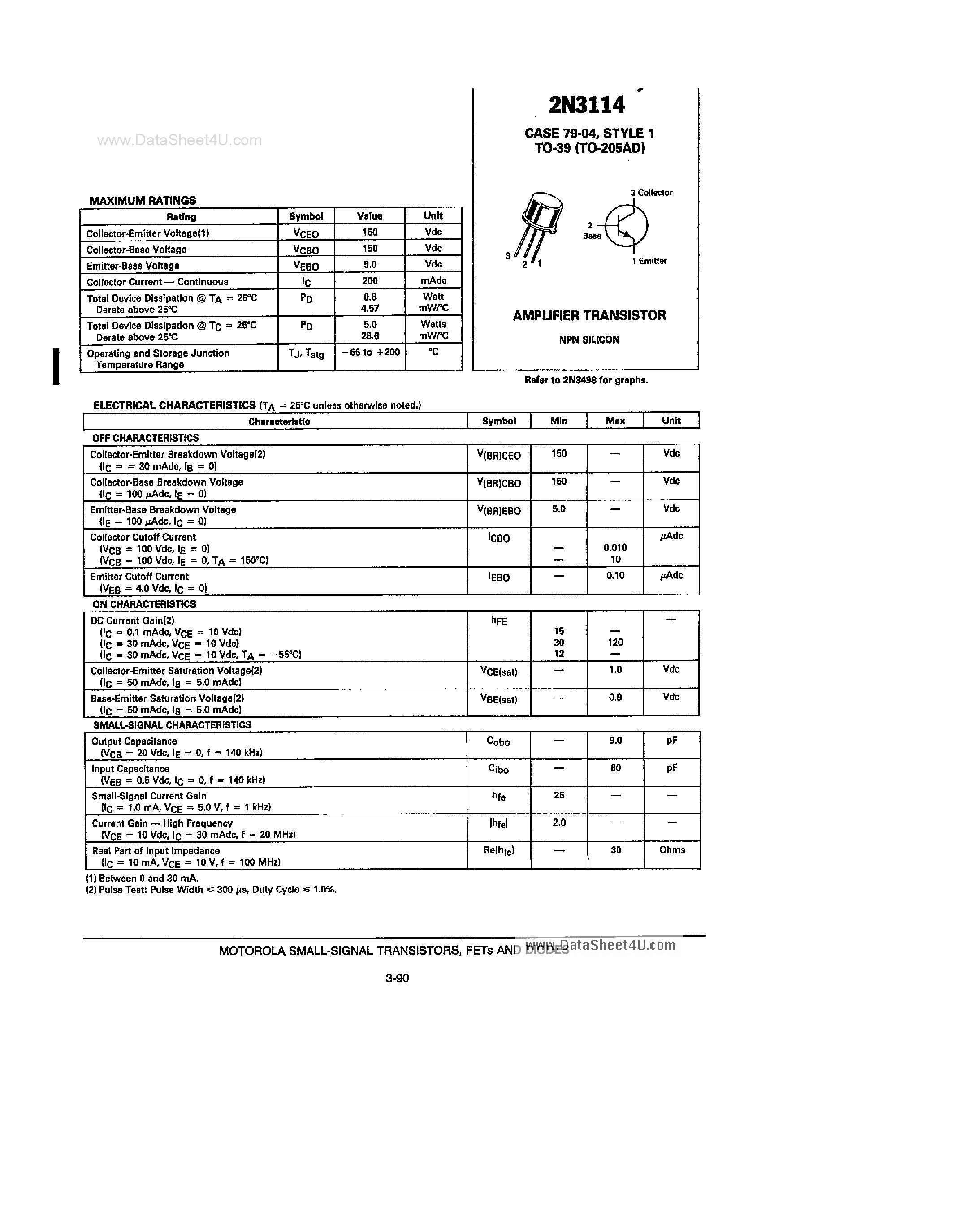Даташит 2N3114 - Amplifier Transistor страница 1