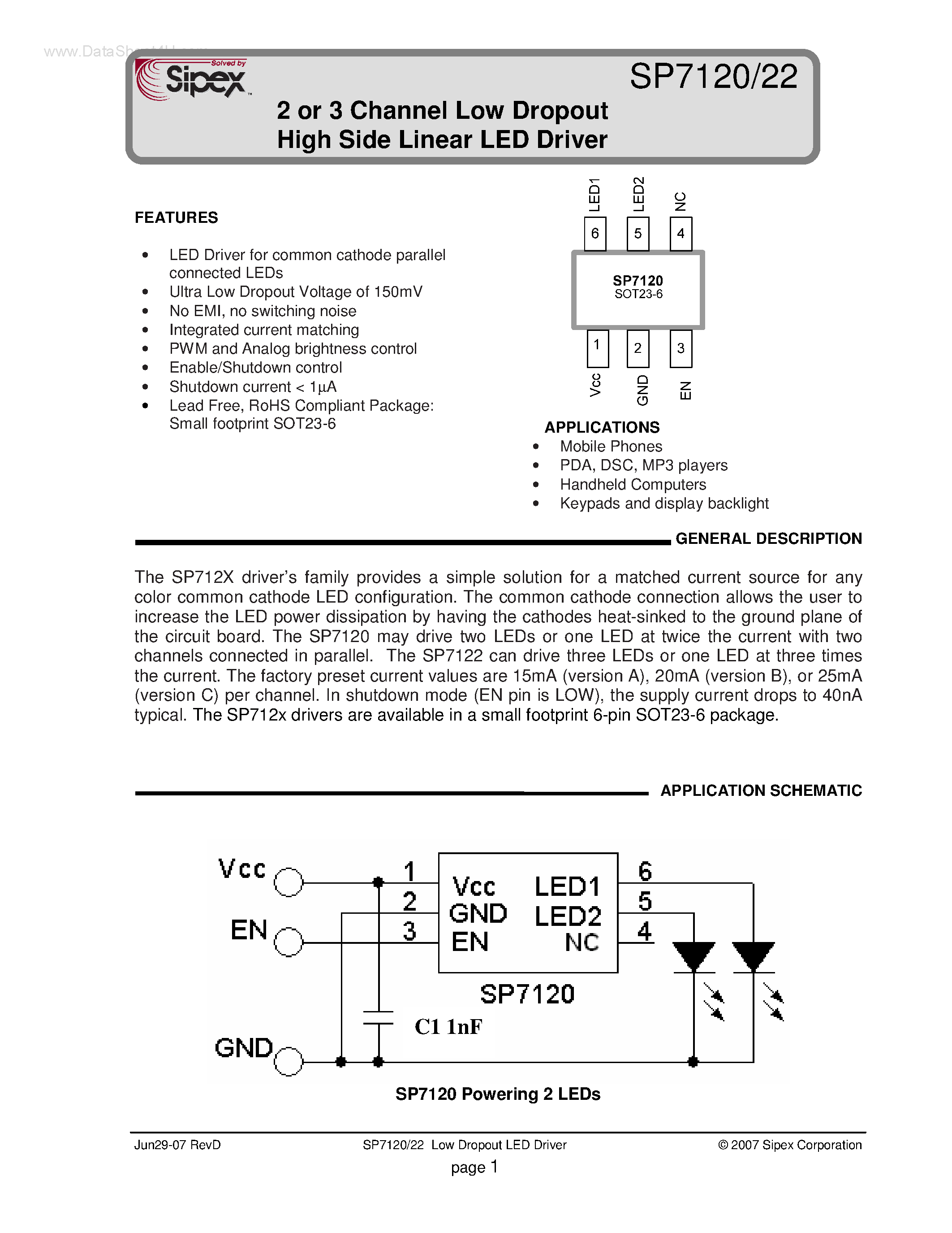 Даташит SP7120 - (SP7120 / SP7122) 2 or 3 Channel Low Dropout High Side Linear LED Driver страница 1