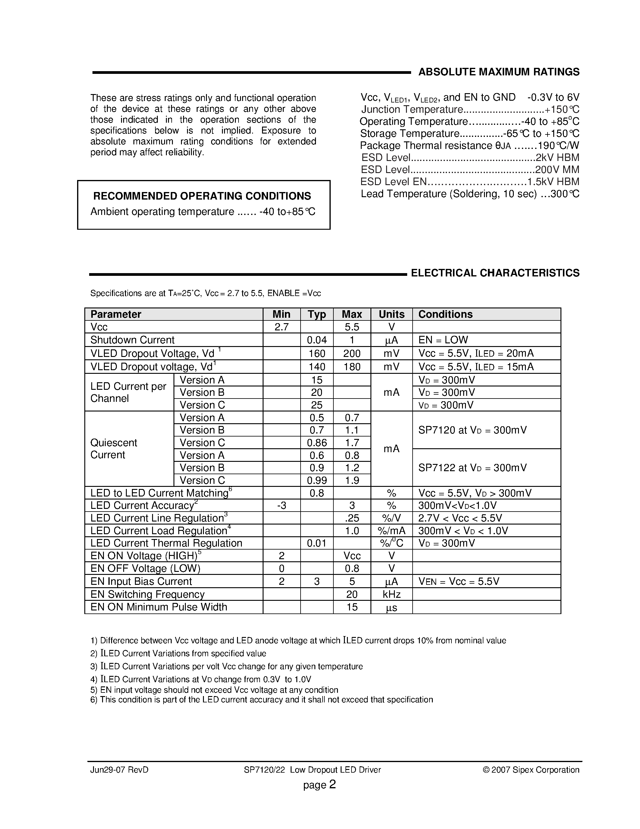 Даташит SP7120 - (SP7120 / SP7122) 2 or 3 Channel Low Dropout High Side Linear LED Driver страница 2