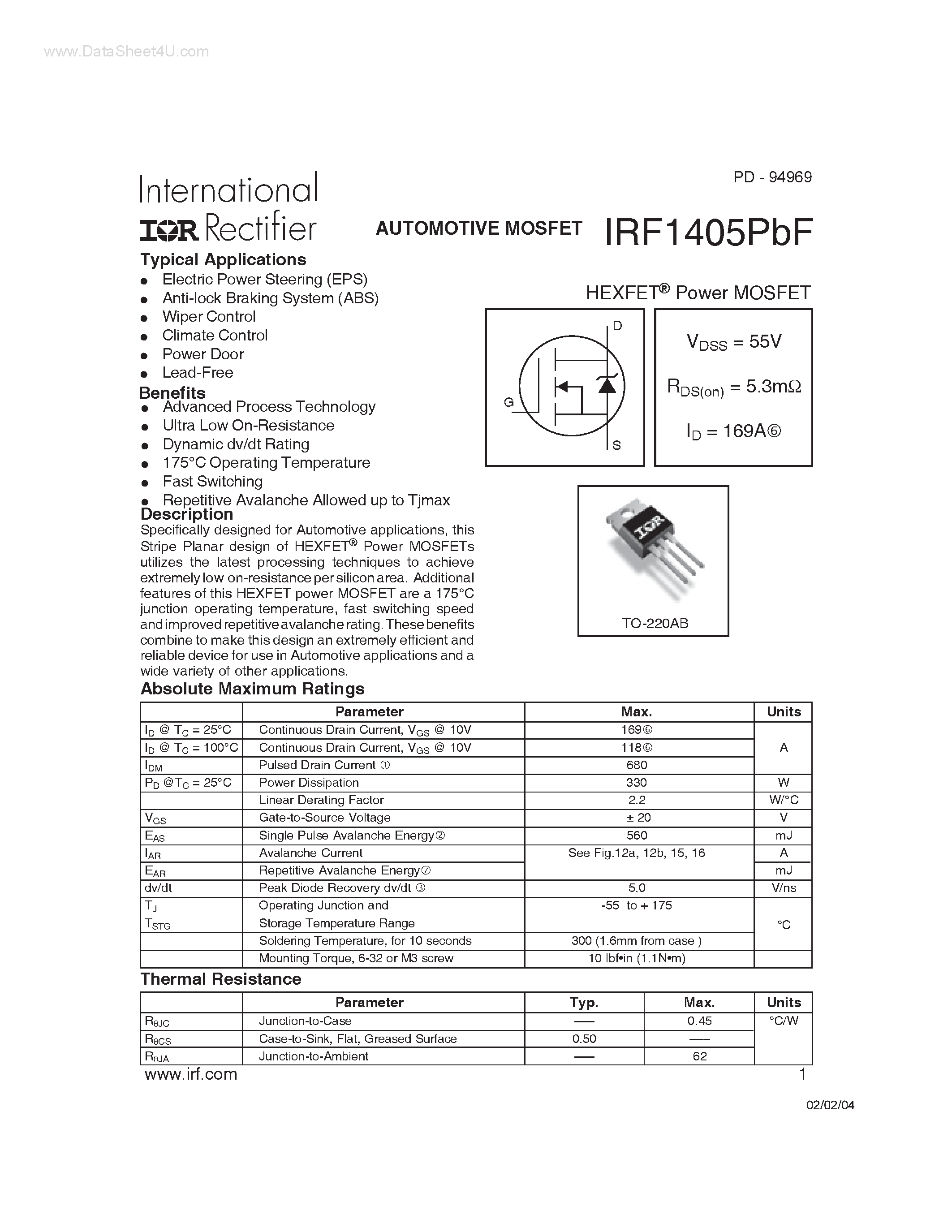 Datasheet IRF1405PBF - AUTOMOTIVE MOSFET page 1