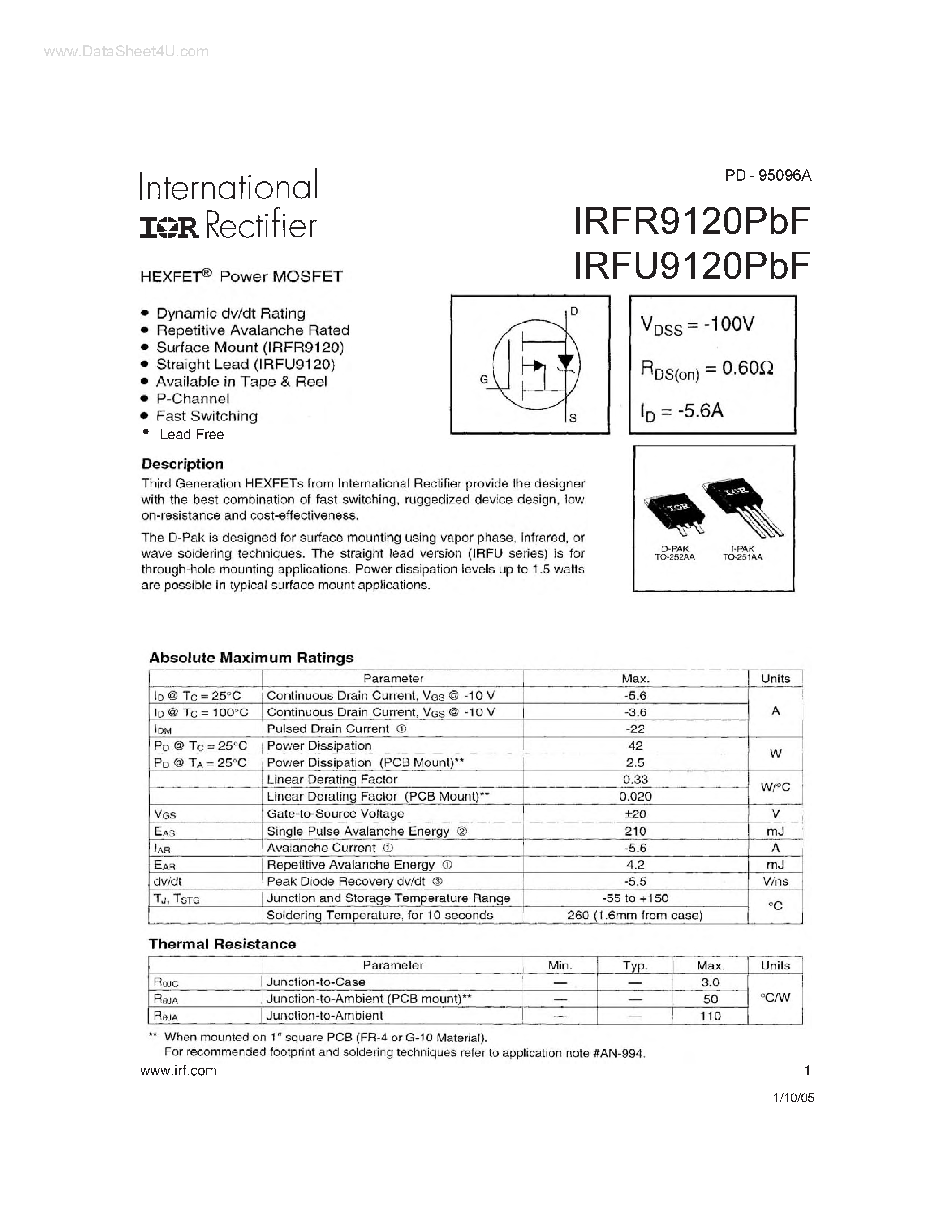 Даташит IRFU9120PBF - Power MOSFET страница 1