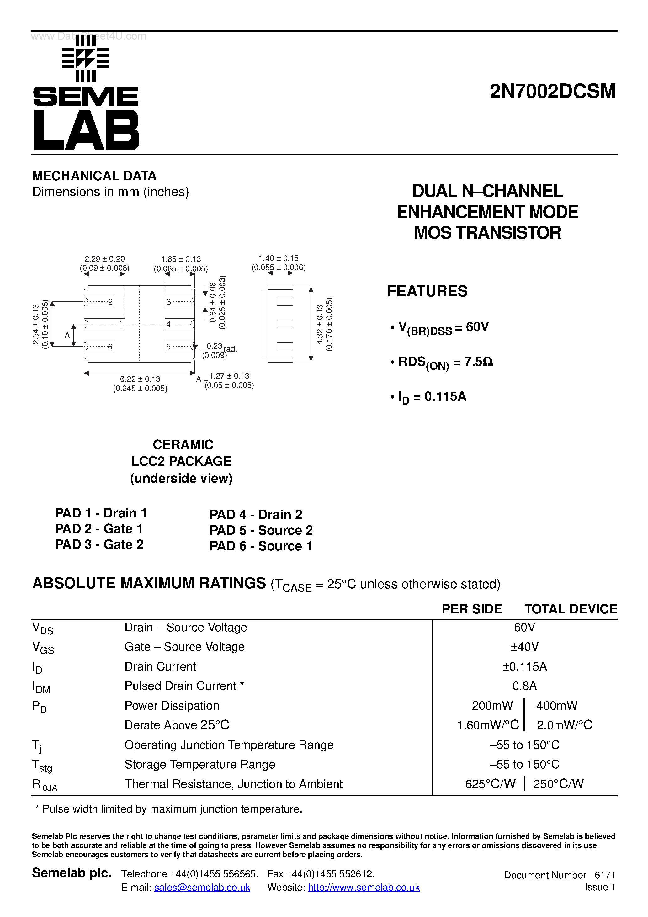 Даташит 2N7002DCSM - DUAL N-CHANNEL ENHANCEMENT MODE MOS TRANSISTOR страница 1