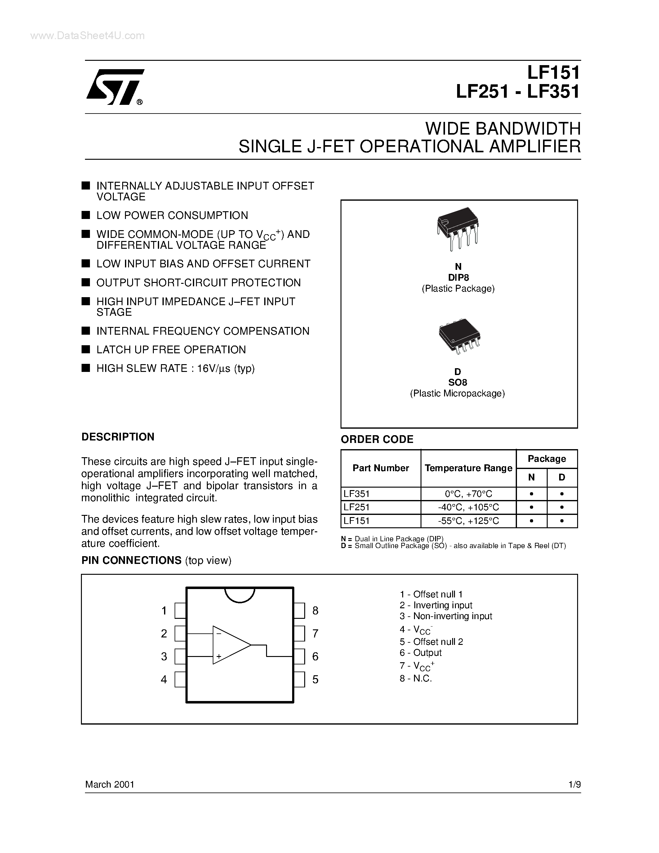 Даташит LF251 - WIDE BANDWIDTH SINGLE J-FET OPERATIONAL AMPLIFIER страница 1